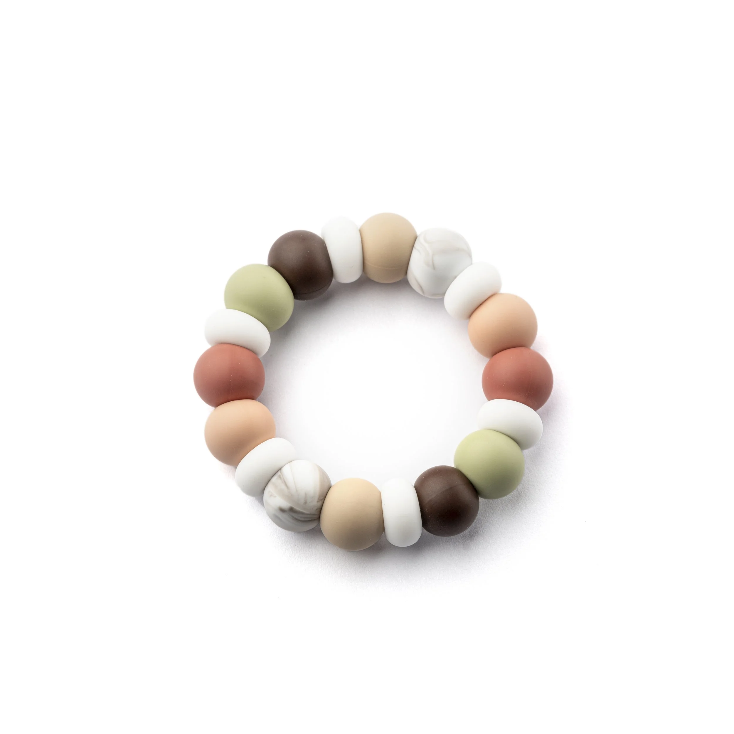 Colorful beaded bracelet with pastel and earth tone beads arranged in a circle on white background.