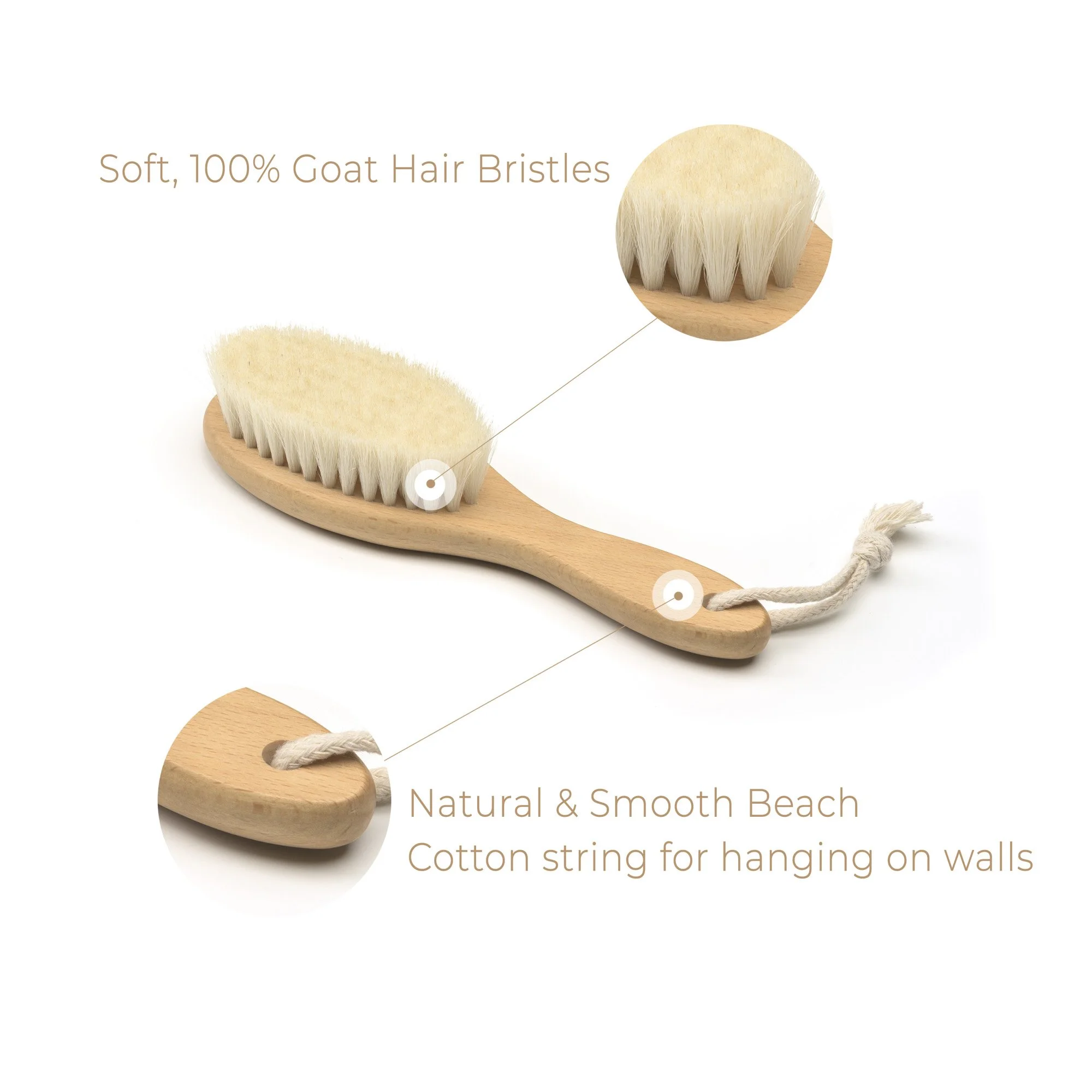 A wooden shoe brush with soft, 100% goat hair bristles, a natural and smooth beach cotton string for hanging.