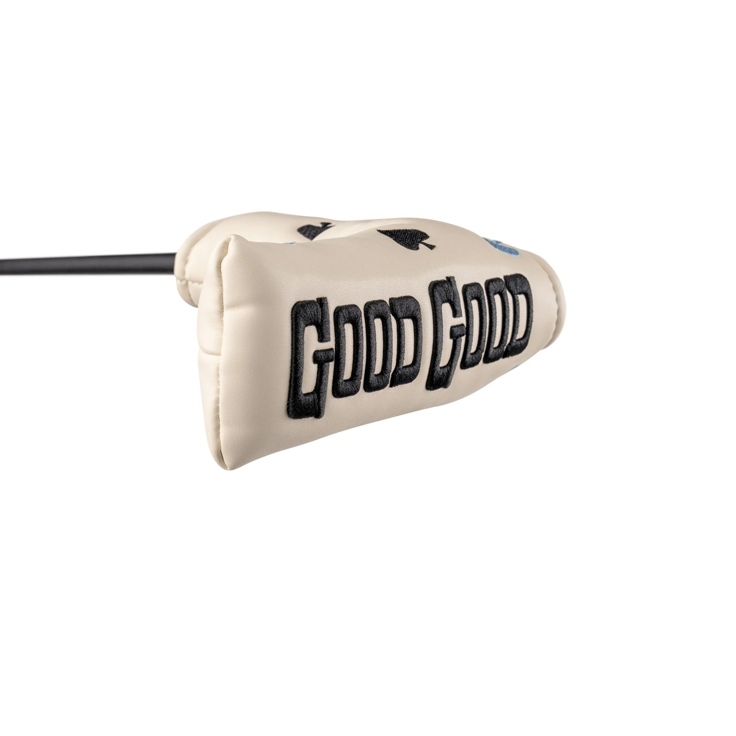 GOLF GODD golf club headcover with embroidered black text and symbols on a beige background.