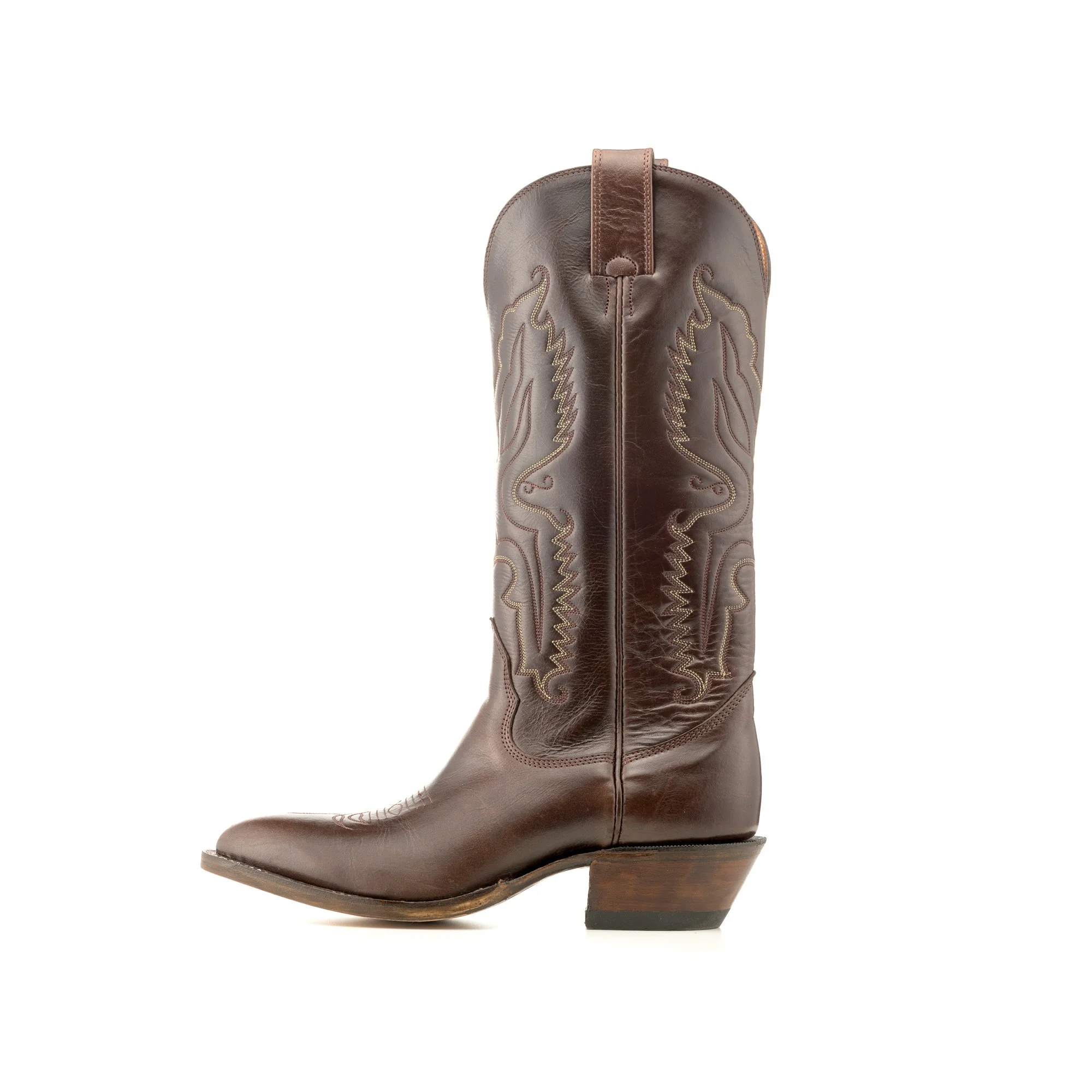 Brown leather cowboy boot with decorative stitching design on the shaft.