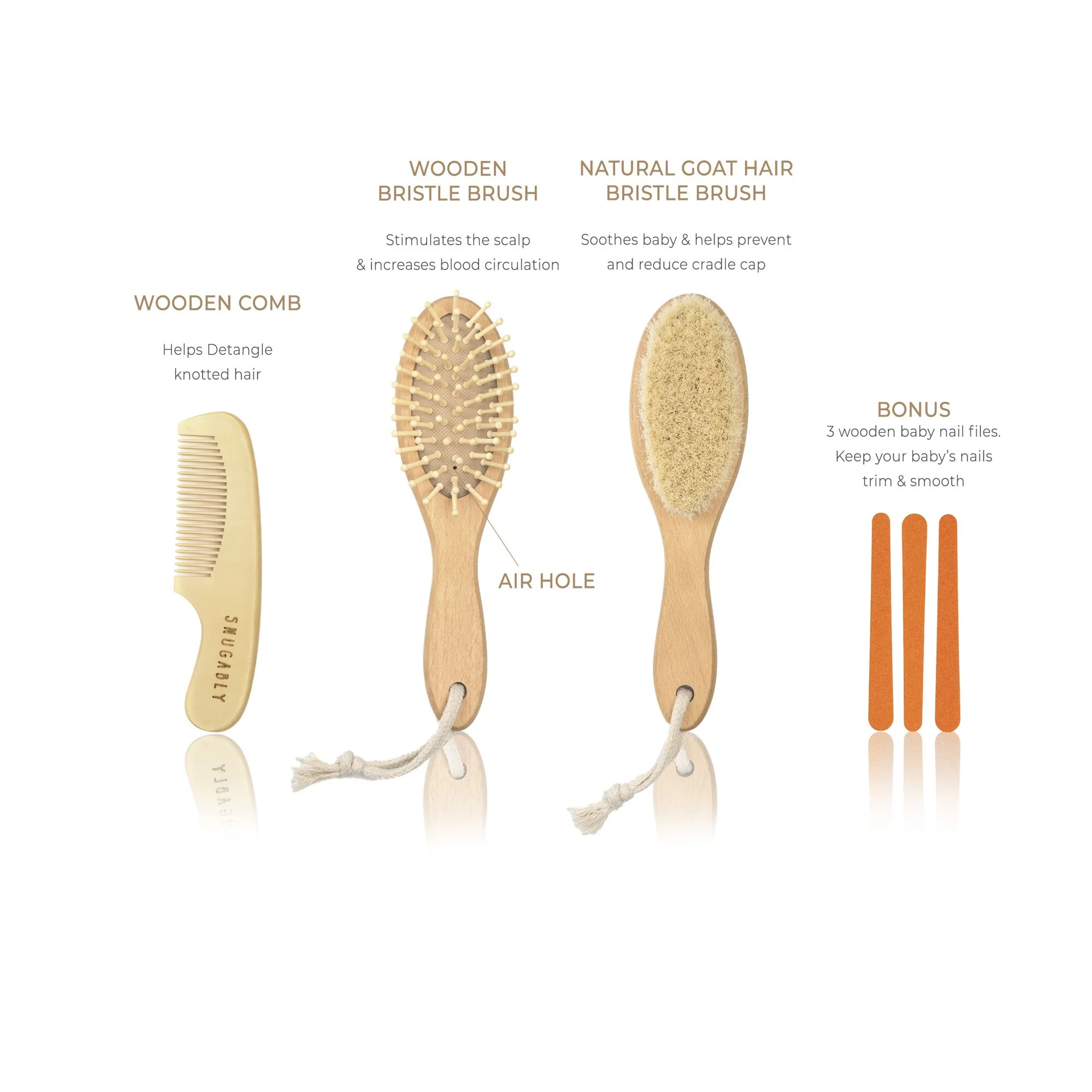Set of four wooden baby hair grooming tools with labels and descriptions, including a wooden comb, a bristle brush with an air hole, a natural goat hair bristle brush, and three wooden baby nail files.