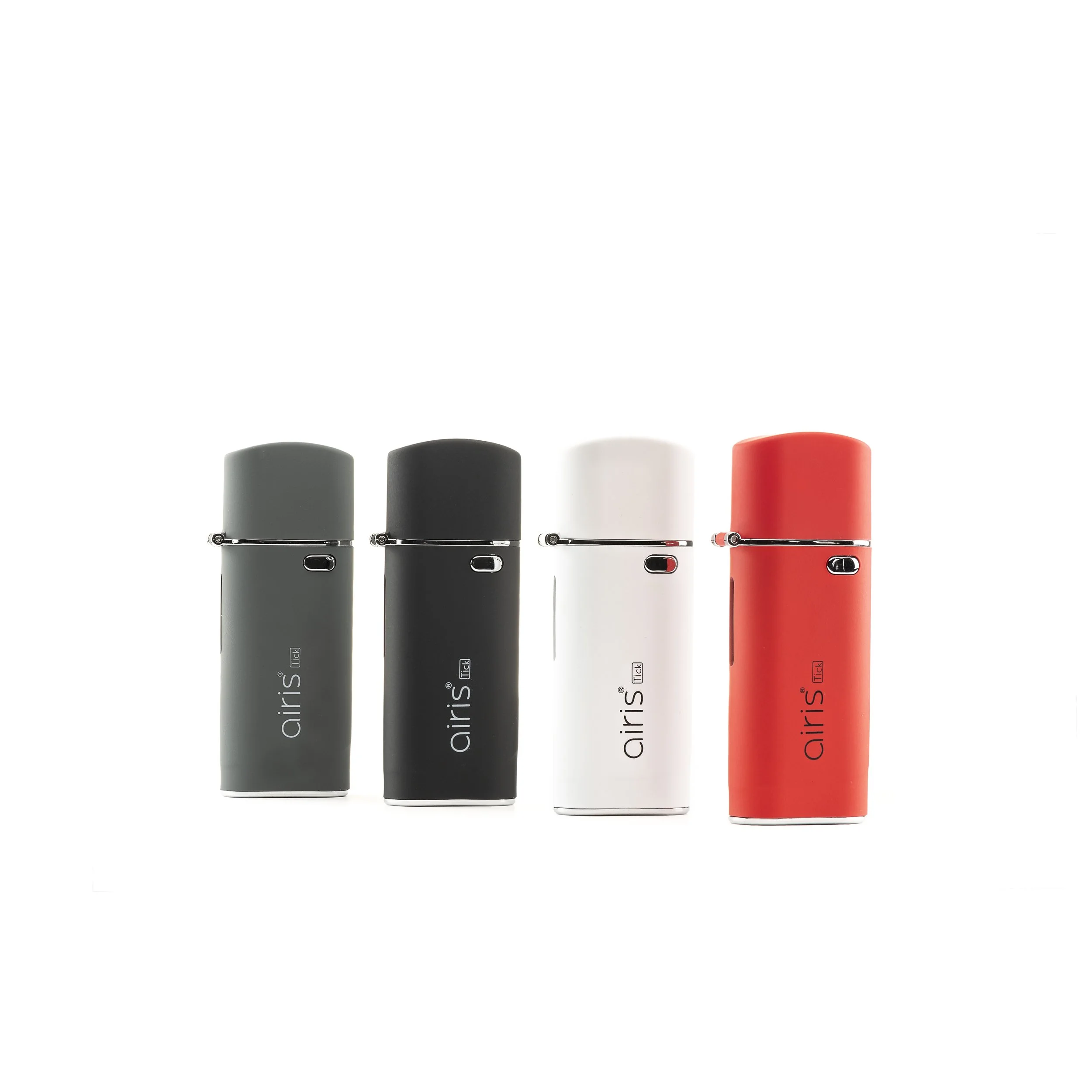 Four portable devices, with black, white, red, and gray colors, stand in a row on a white background.