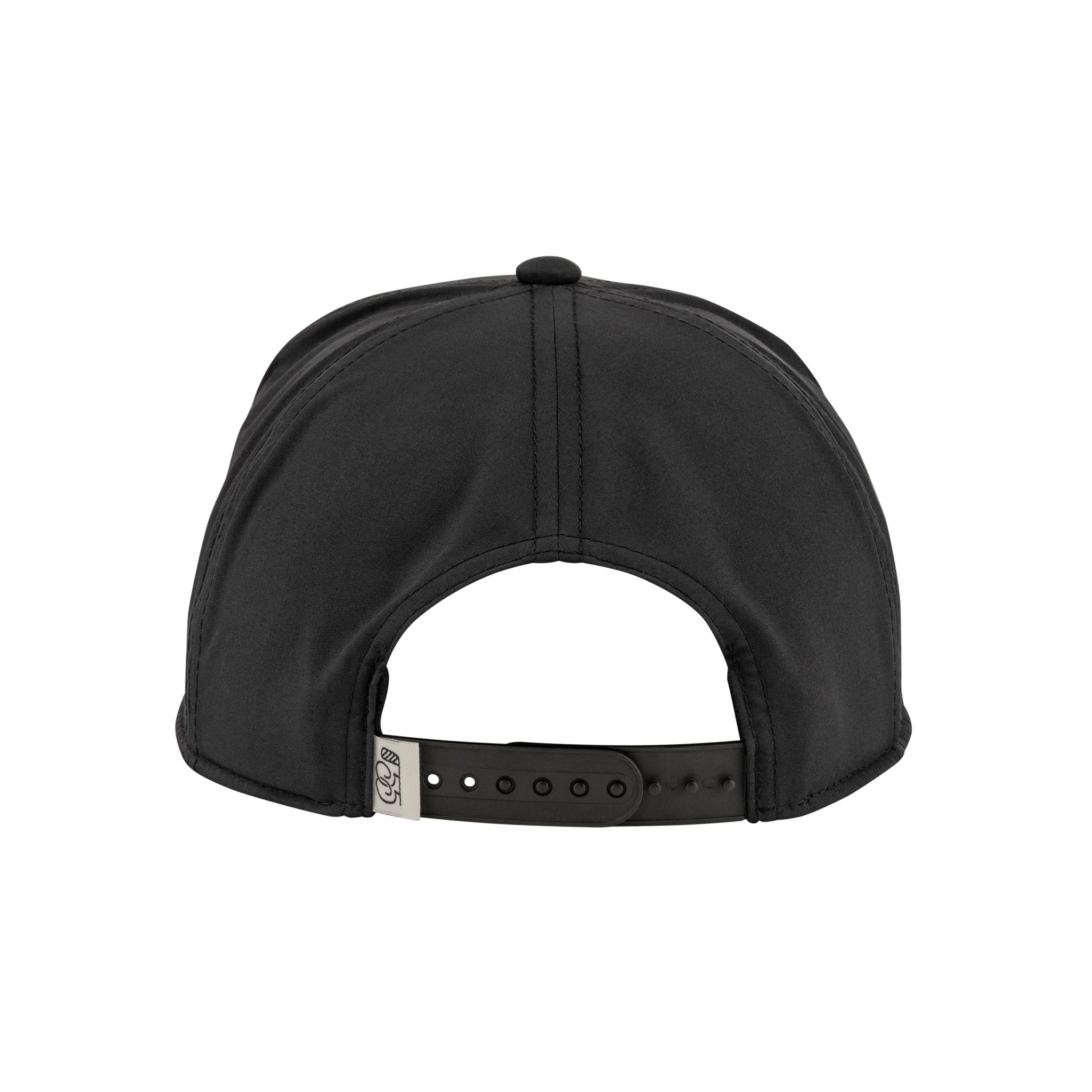 Back view of a black baseball cap with adjustable strap