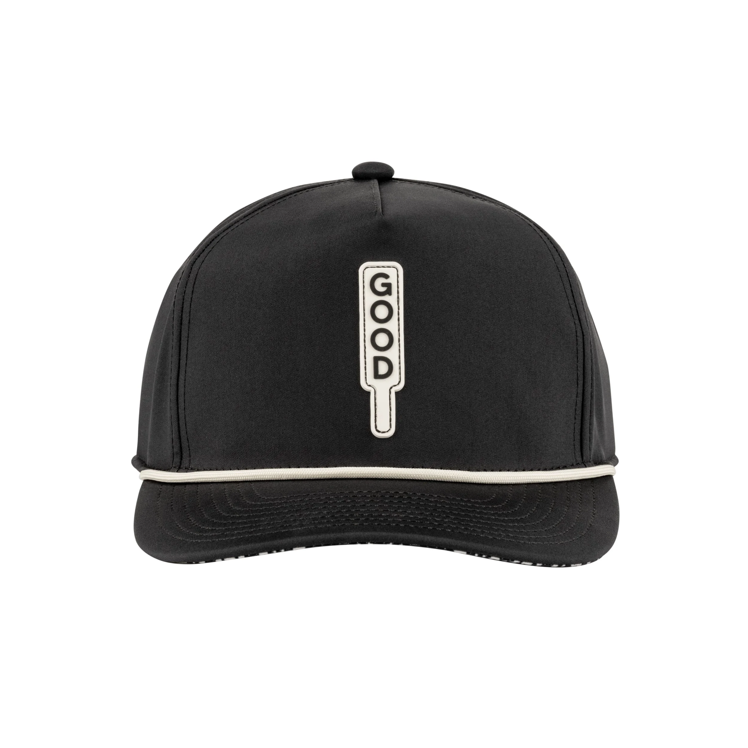 Black cap with a white shut cap design on the front labeled "GOD" in black letters.