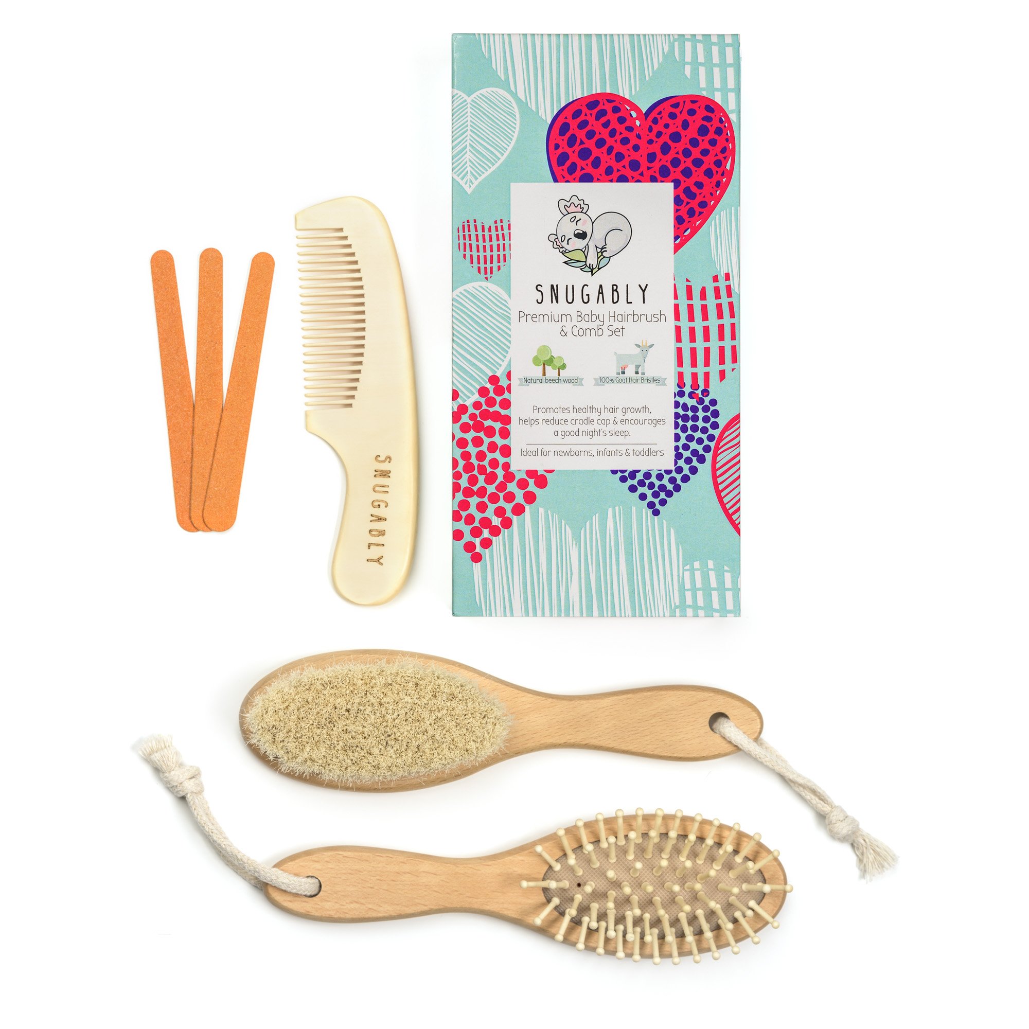 Baby hairbrush and comb set with a box labeled 'Snugably Premium Baby Hairbrush & Comb Set', featuring a squirrel illustration, a brush with natural beech wood handle, a wooden comb, a natural bristle brush with a rope loop, and two orange foam stick
