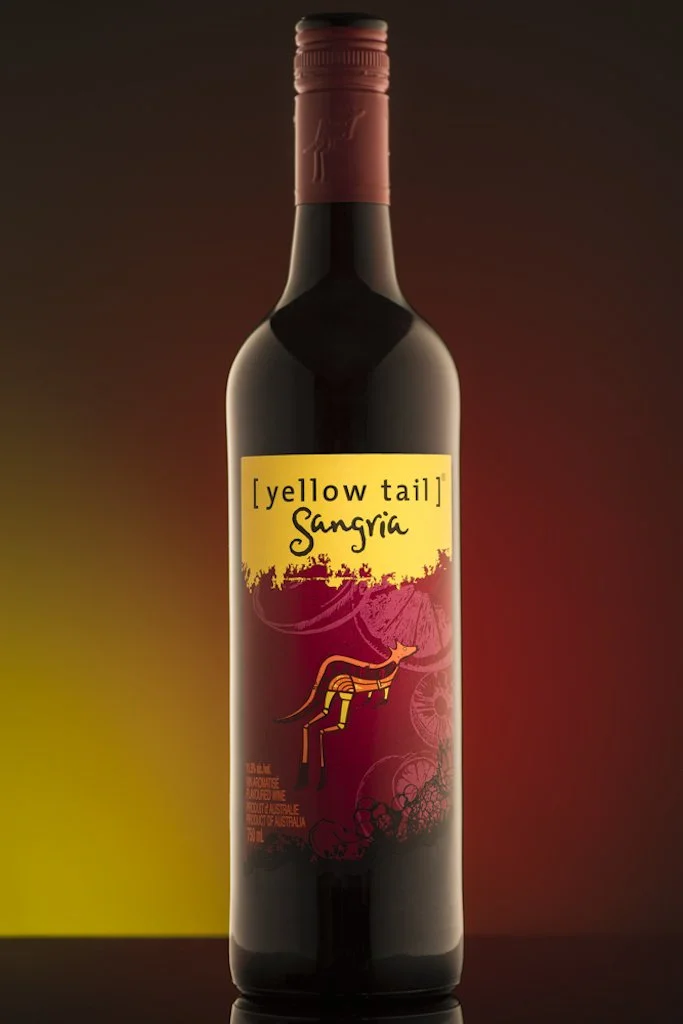 A bottle of Yellow Tail Sangria with a red and yellow label featuring an illustration of a kangaroo.