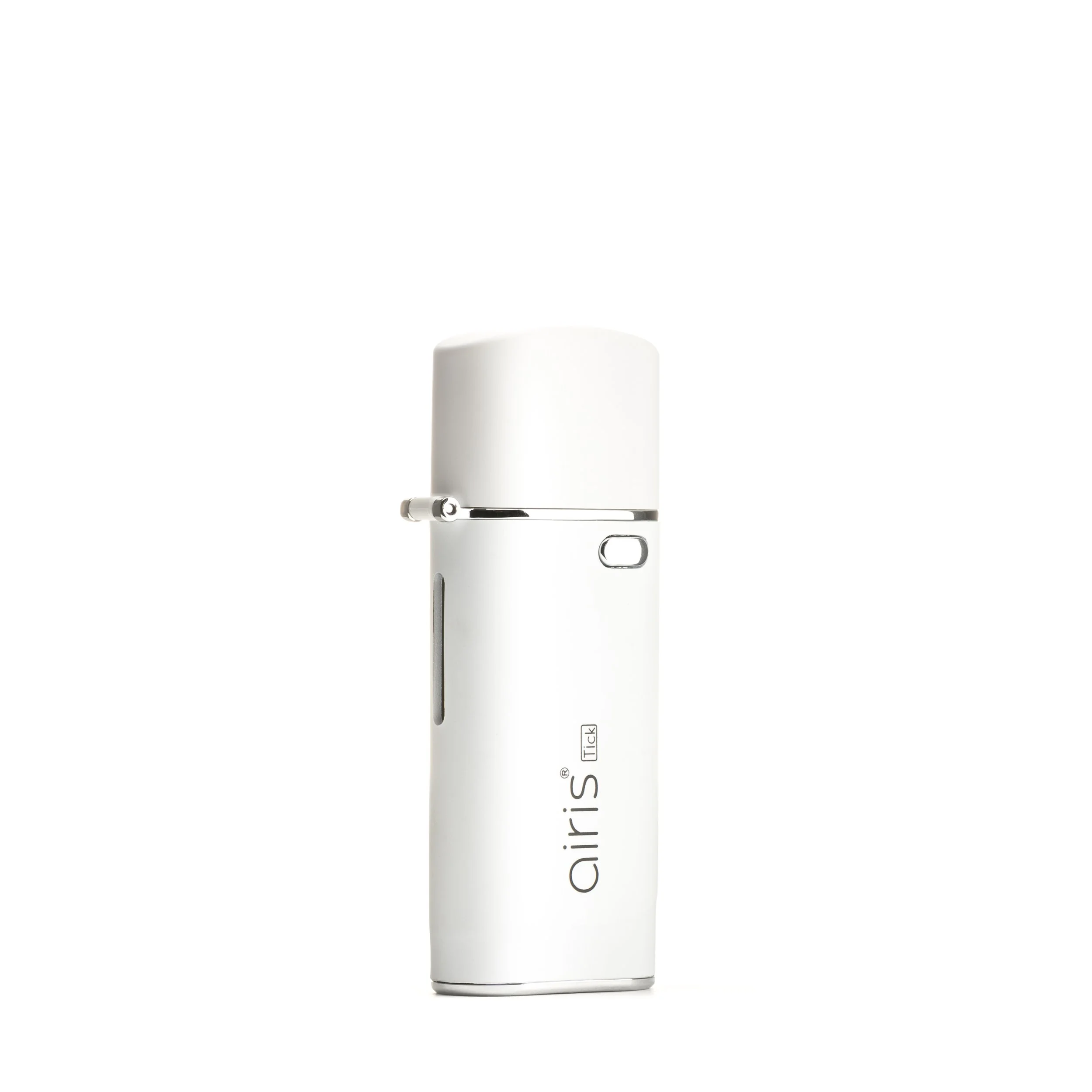 A white, portable device with the brand name 'airis' and 'Tick' logo, featuring a slim vertical indicator, button, and metallic accents, isolated against a white background.