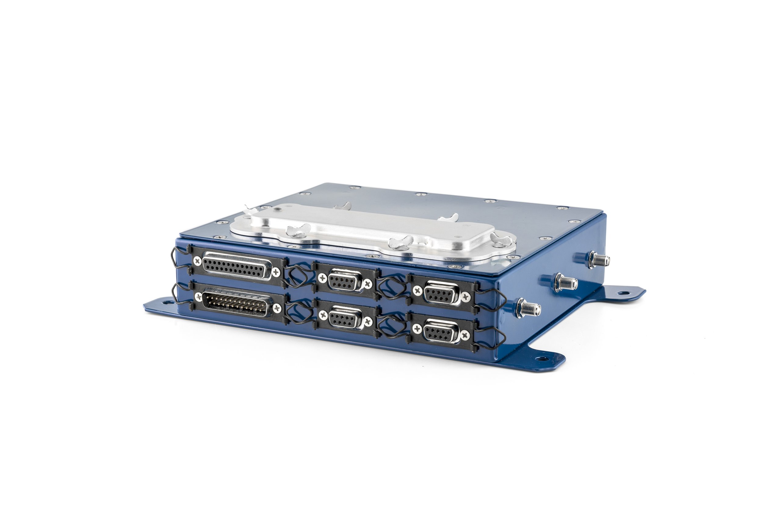 A metallic electronic device with multiple ports and connectors, painted in blue and silver, with a mounting bracket on the side, placed on a white background.