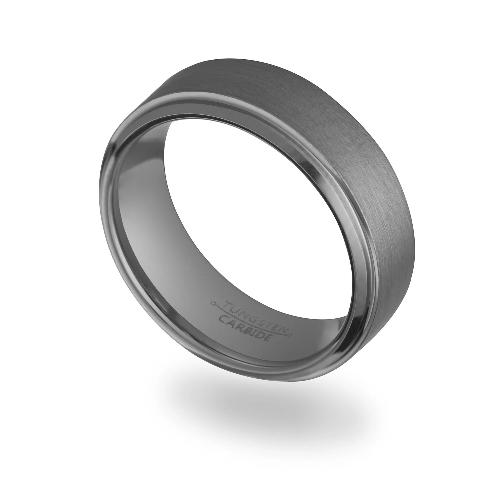 Close-up of a tungsten carbide ring with a brushed finish.