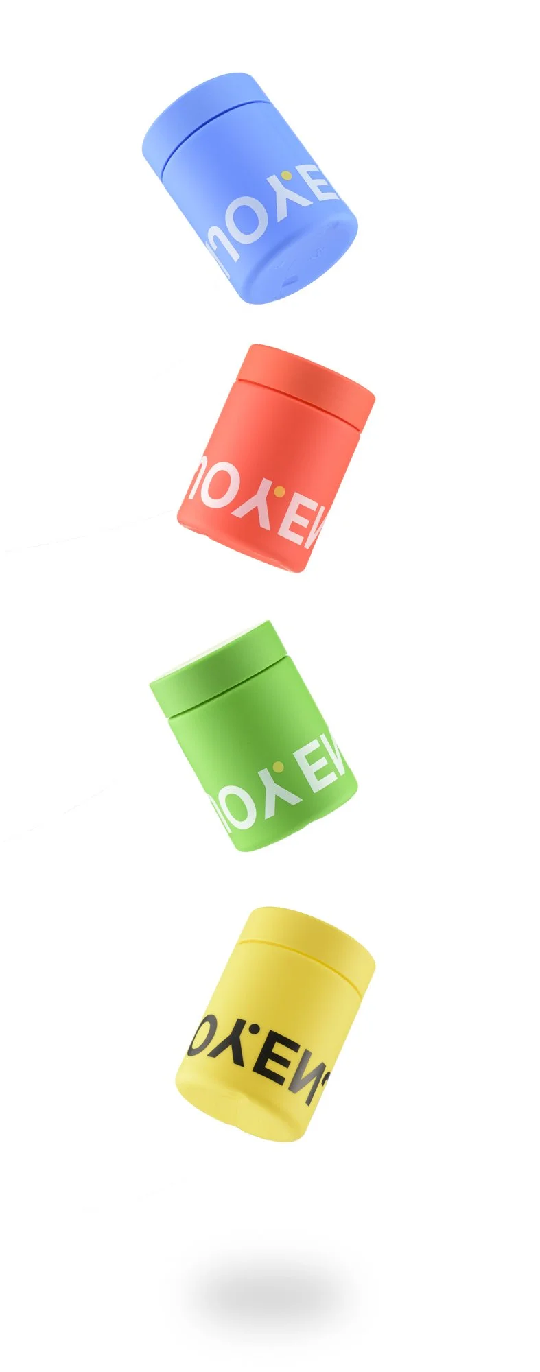 Four colorful containers labeled 'EVO' in blue, red, green, and yellow, floating against a white background.