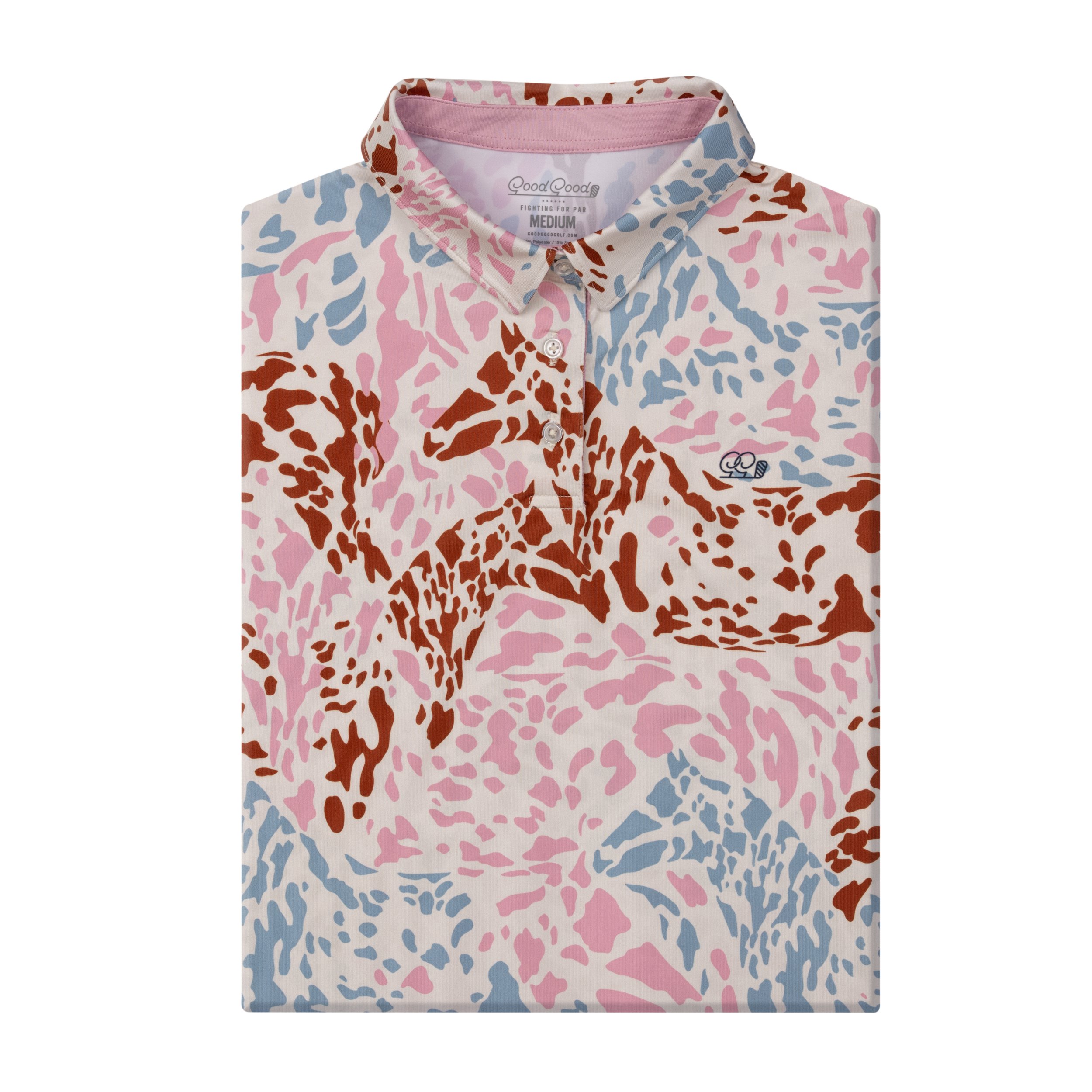 Folded short-sleeve men's polo shirt with multicolored leopard print pattern including pink, brown, and blue hues.