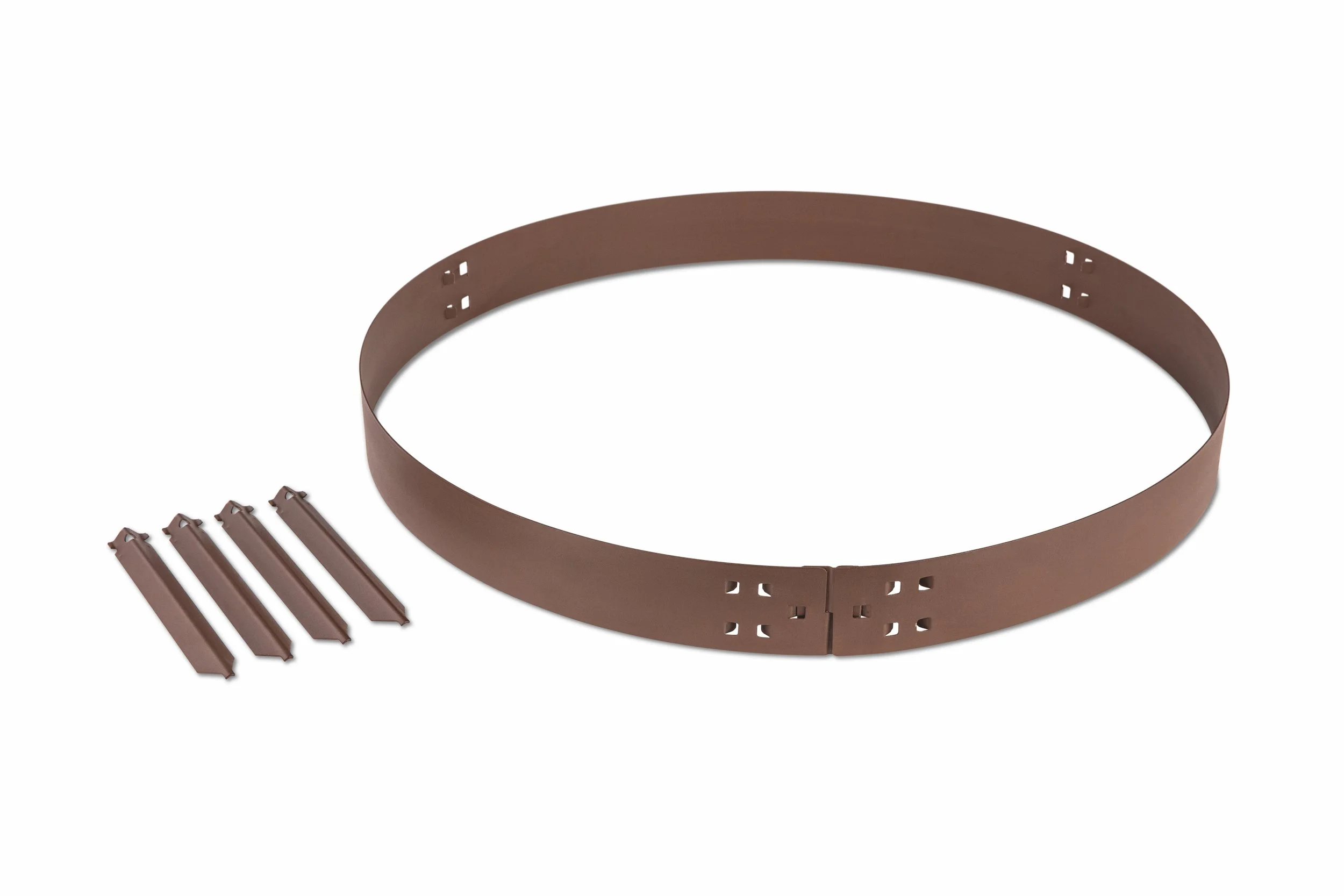 A large brown circular belt or strap with four matching small brown pieces nearby, all set against a white background.