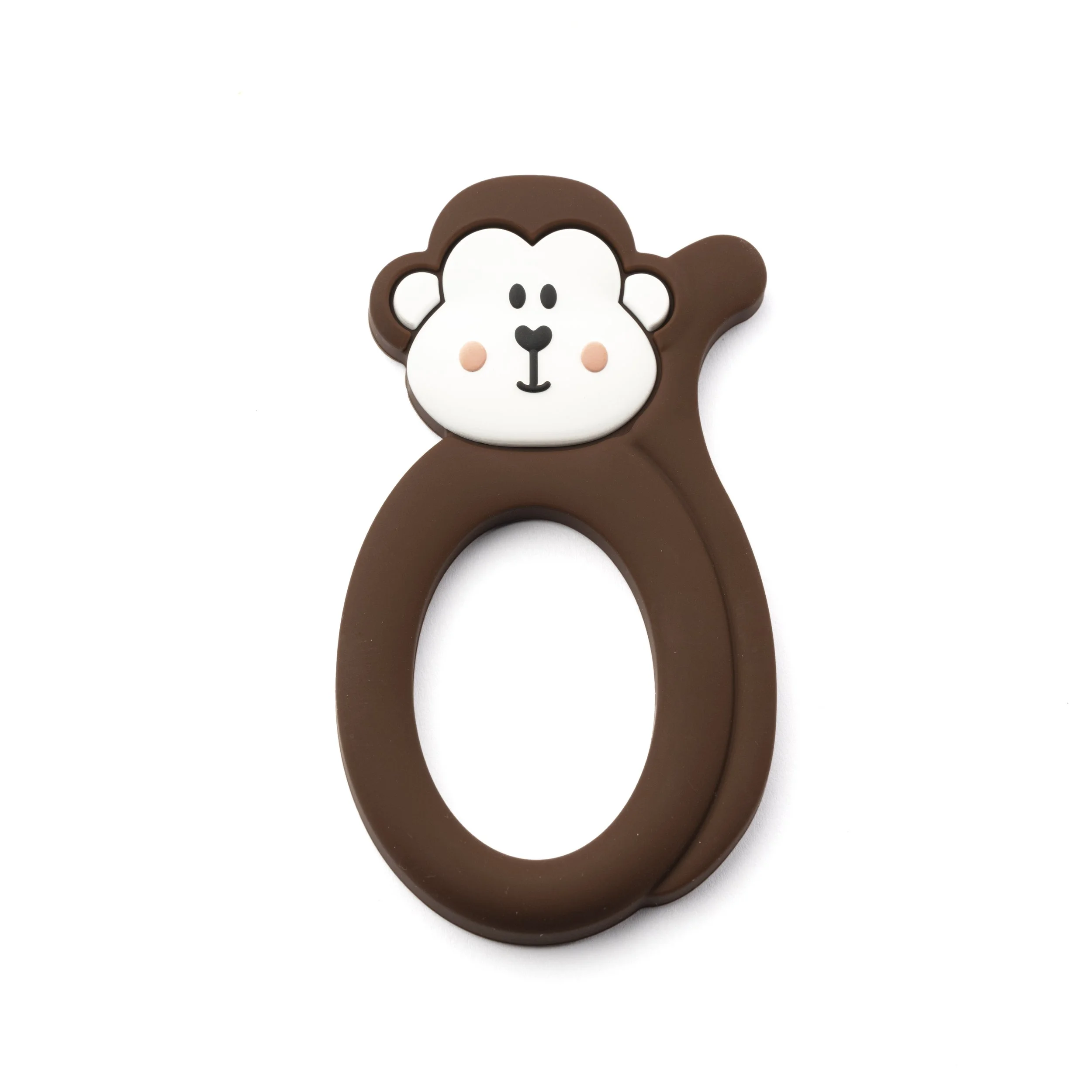 A brown rubber teething ring with a cute smiling monkey face on top.