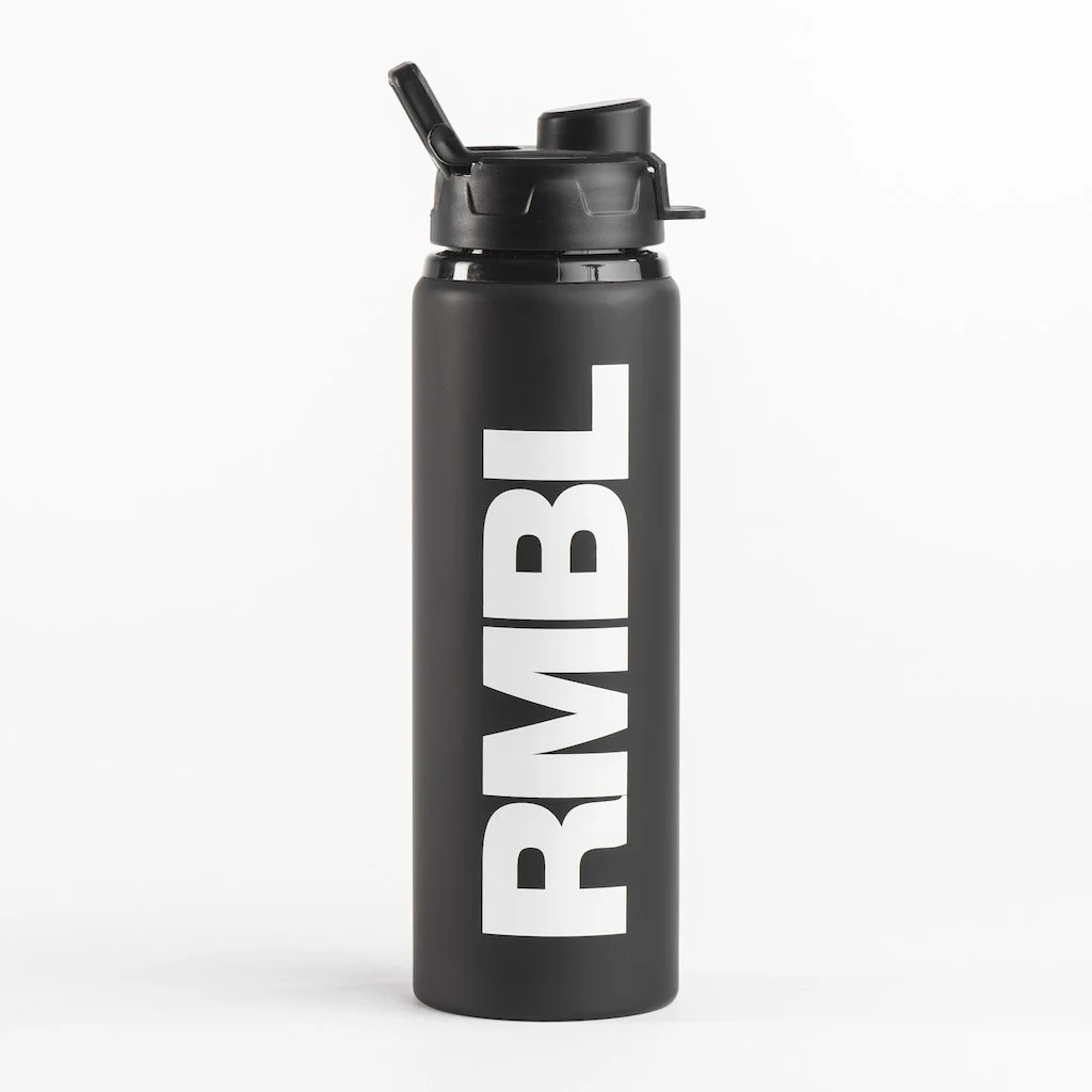 Black water bottle with a black lid and a spout, featuring large white text that reads 'RIVAL' against a plain white background.
