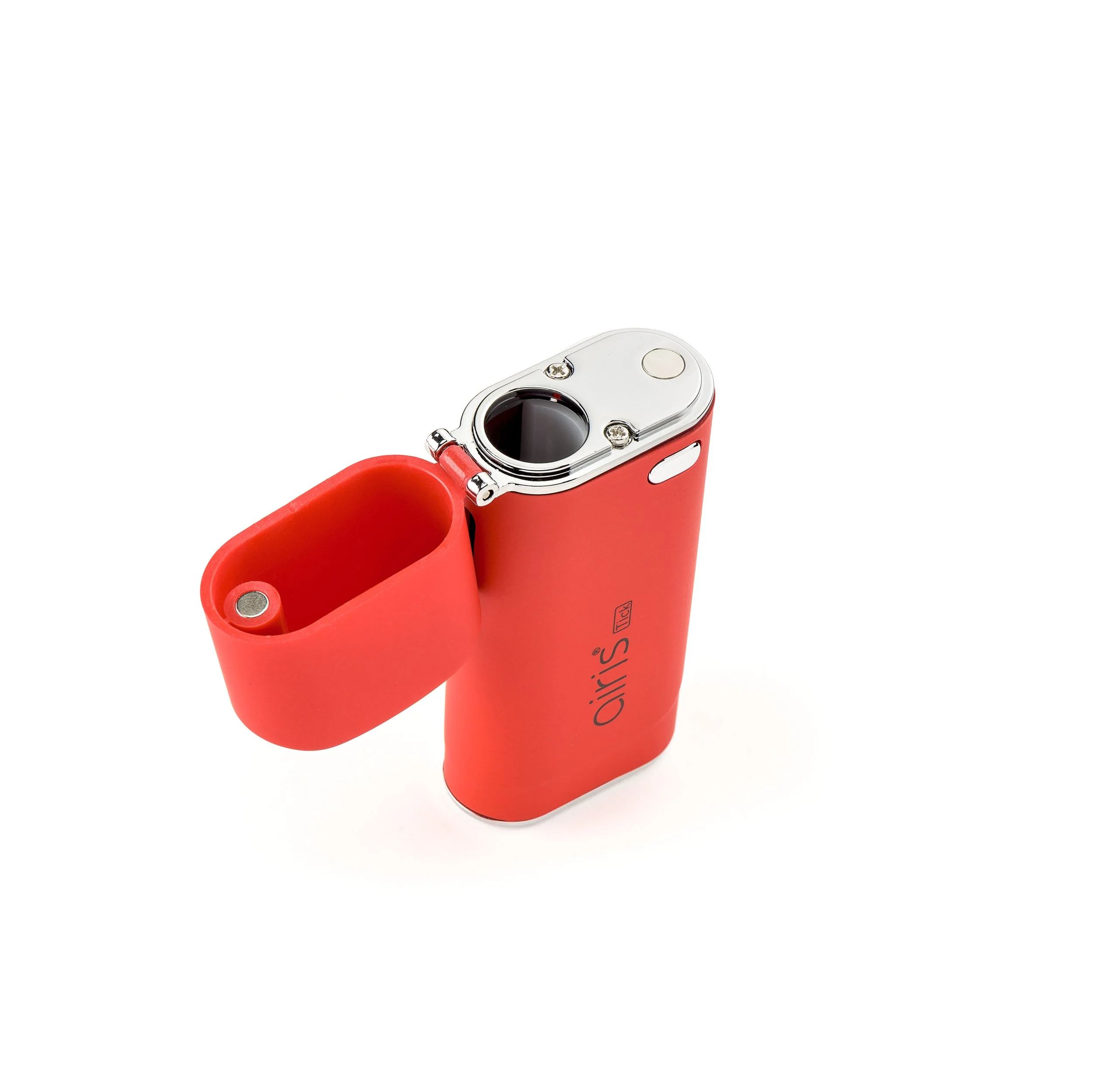 Orange and silver portable electric cigarette lighter with a pink silicone grip, open to show the ignition area.