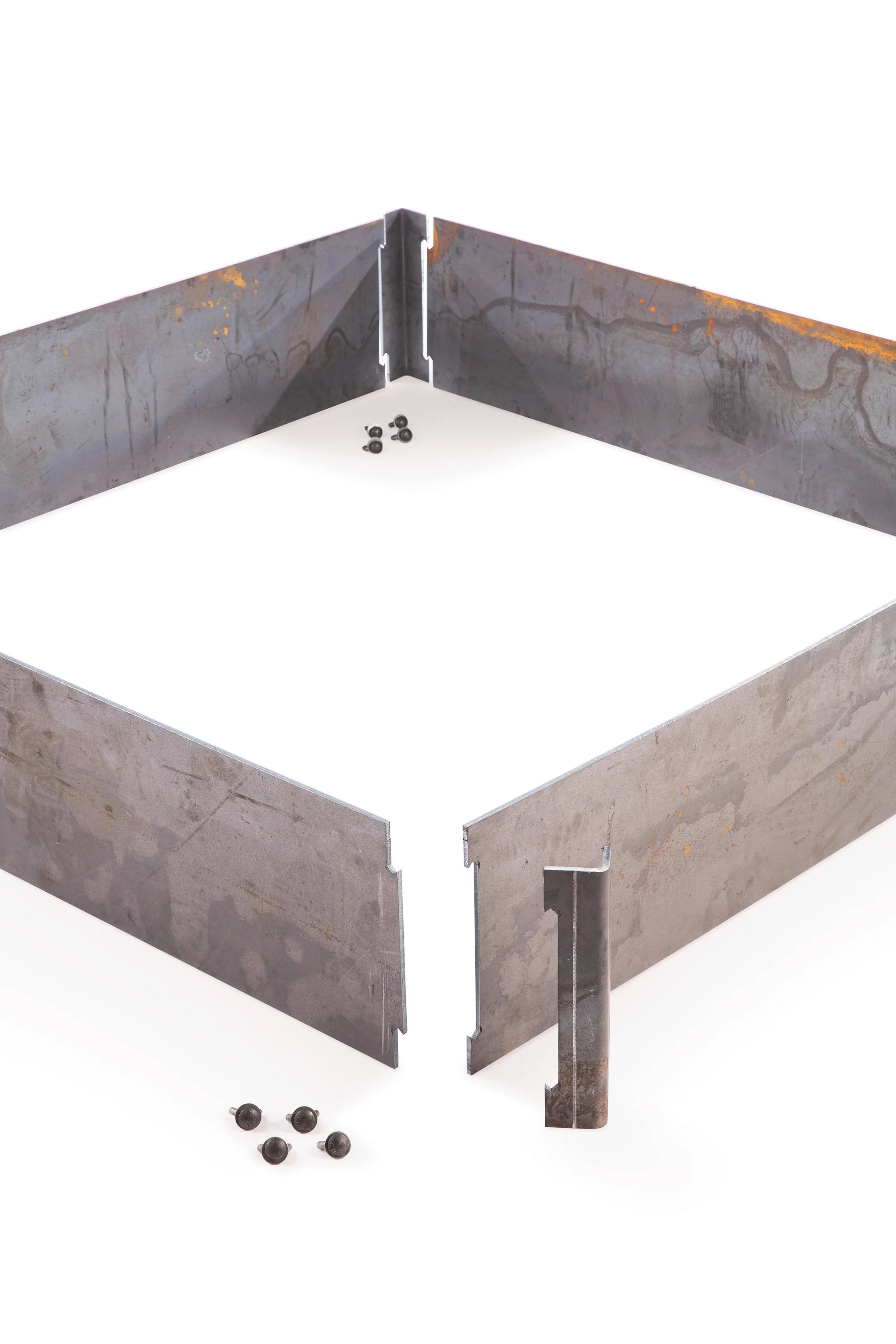 A metal square form with four black screws and four black knobs beside it, against a white background.