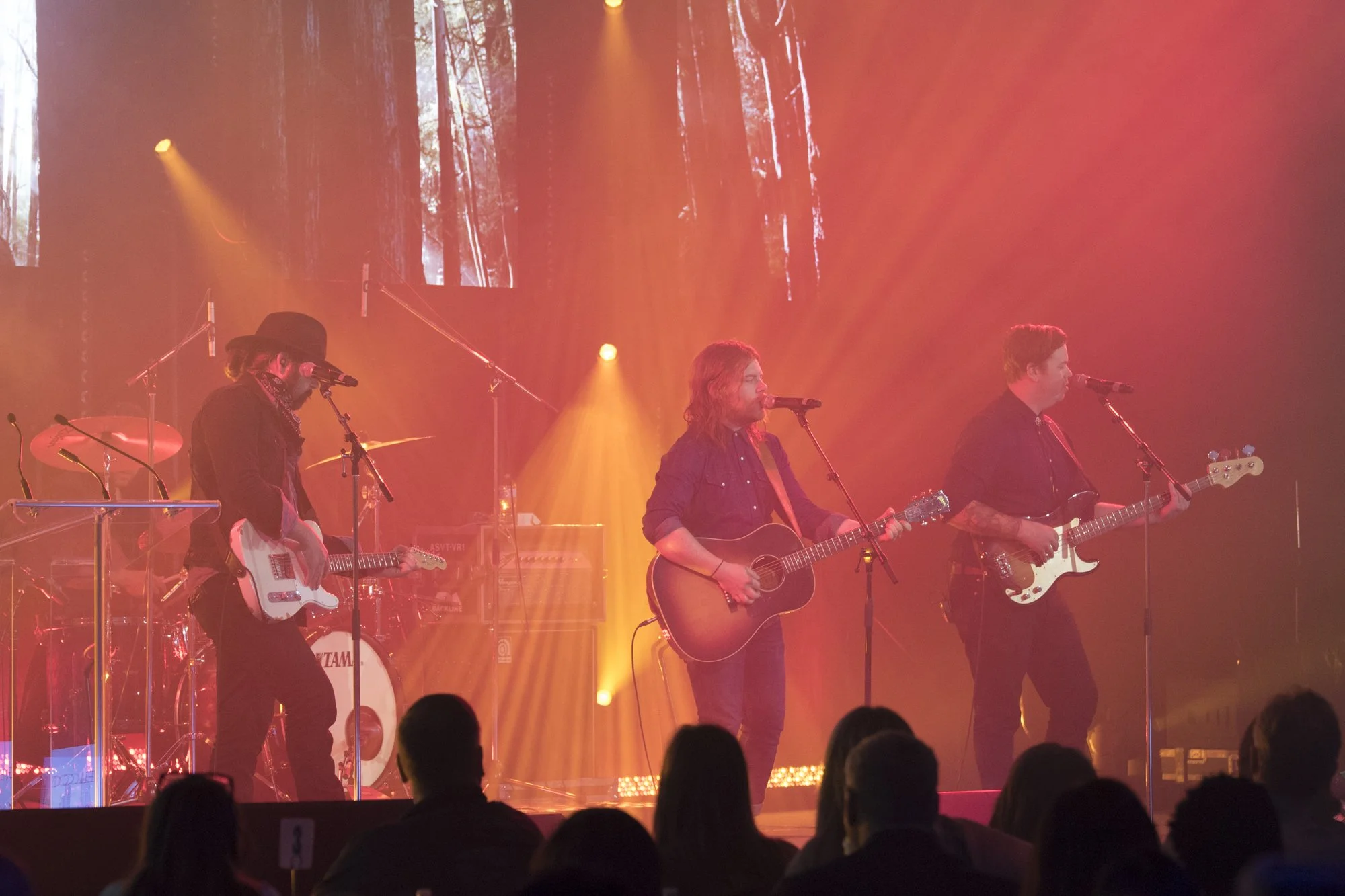 A band performing on stage with three musicians playing guitars and singing into microphones, with orange stage lighting and a forest-themed backdrop.