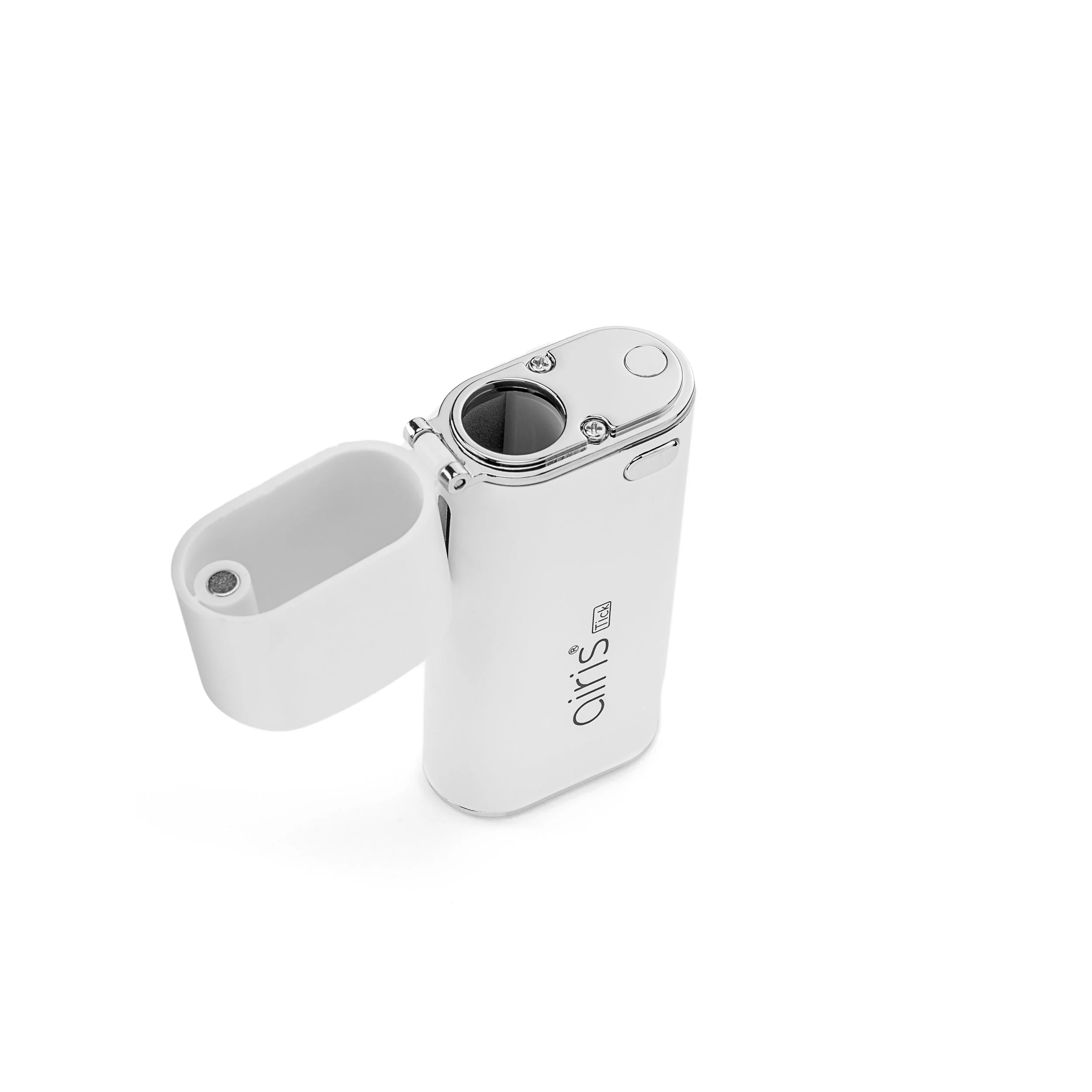 White electronic device with a cylindrical body and an open compartment, labeled 'Oirís,' on a white background.