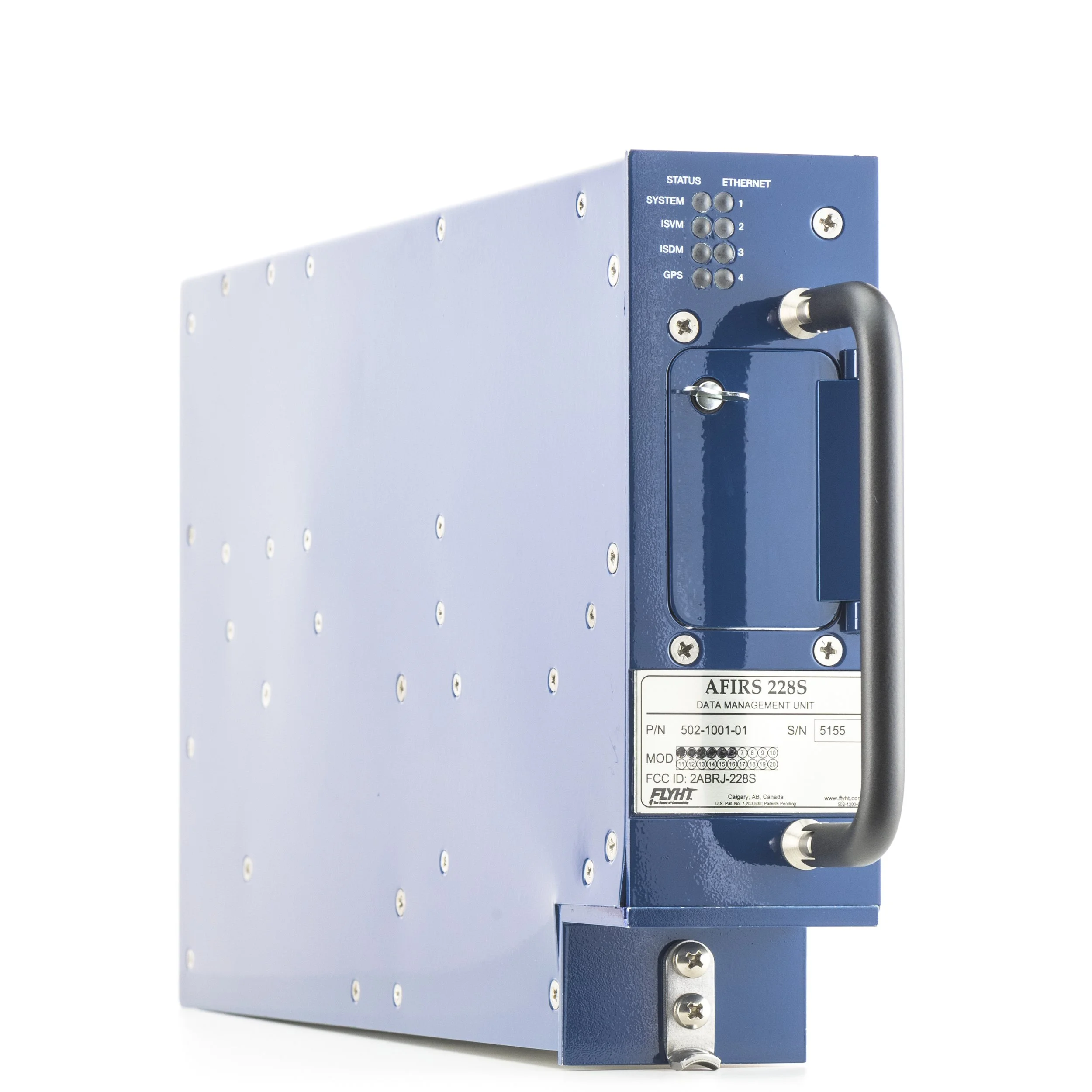 Data management unit with labeled ports and indicator lights on a blue metal panel.