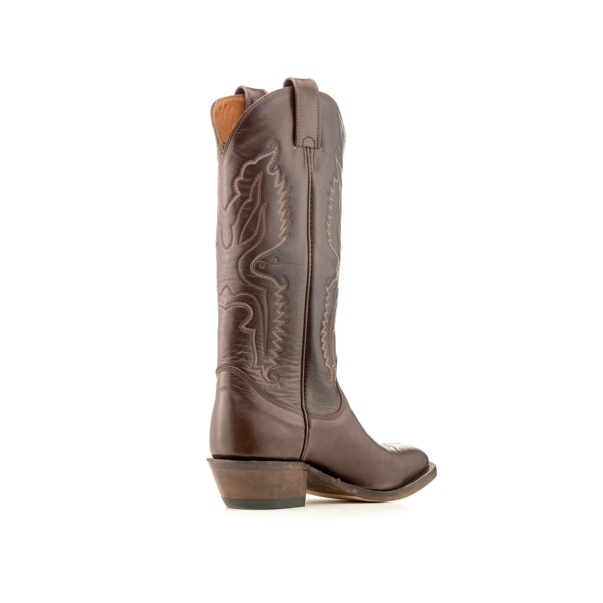 Brown leather cowboy boot with decorative stitching and a stacked heel