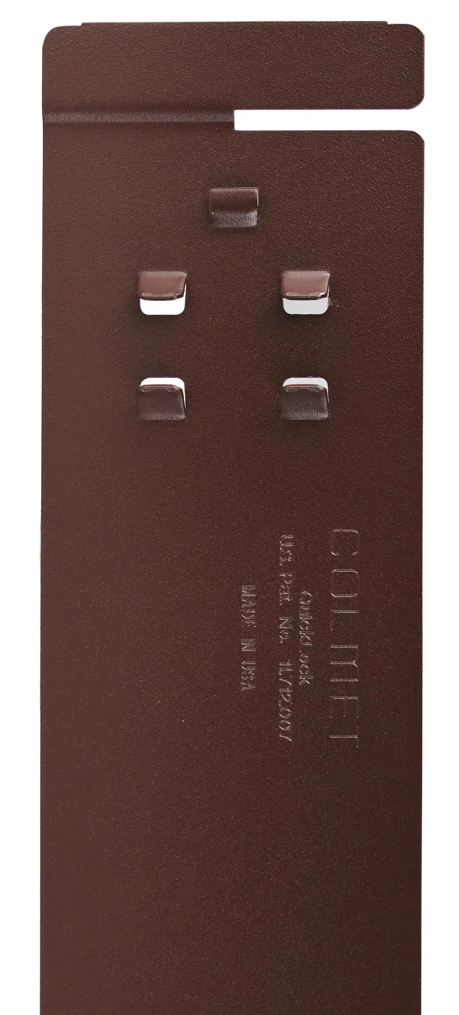 Brown remote control with five hidden buttons, showing the back side with embossed text.