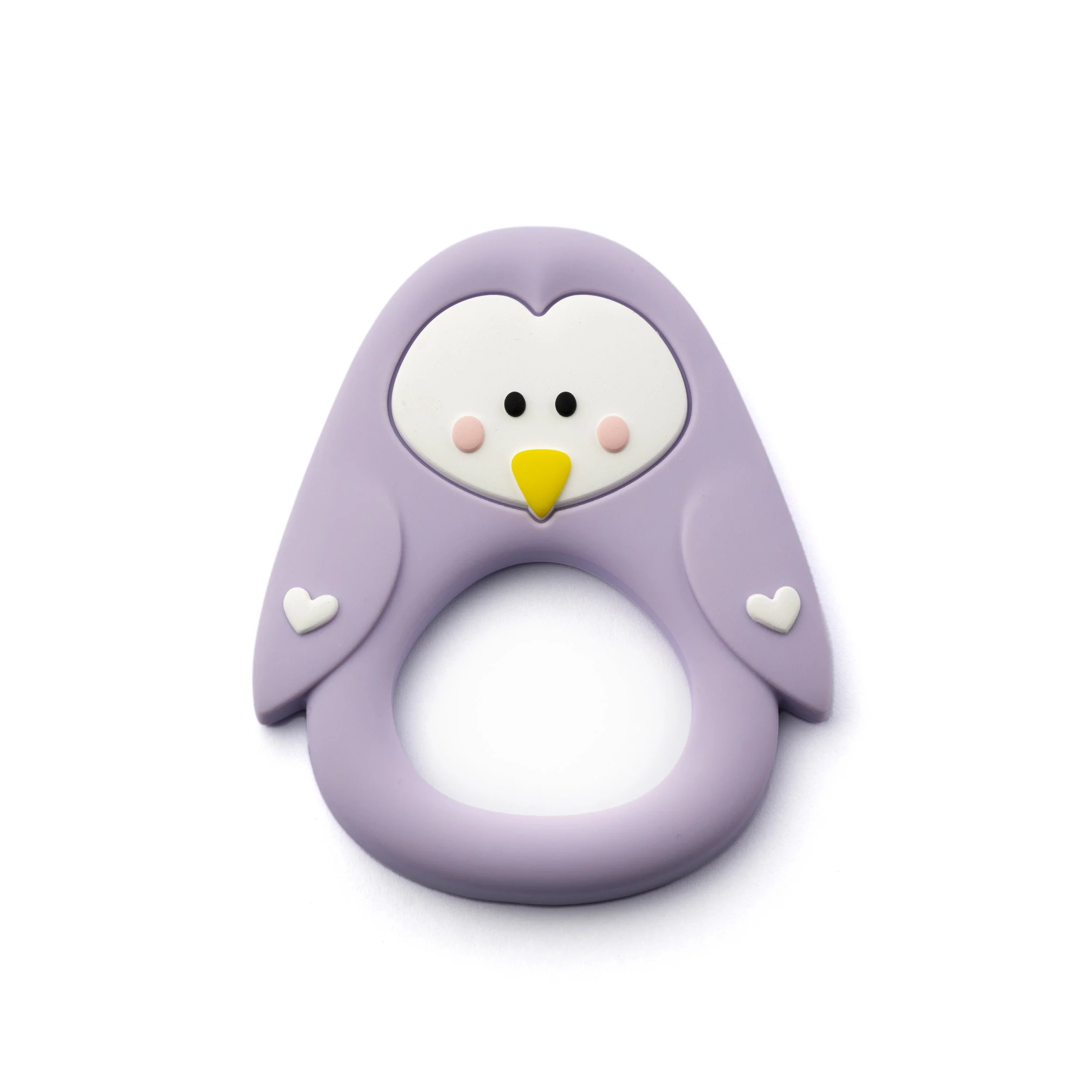Purple penguin-shaped teething toy with a white face, black eyes, yellow beak, and small white hearts on its wings.