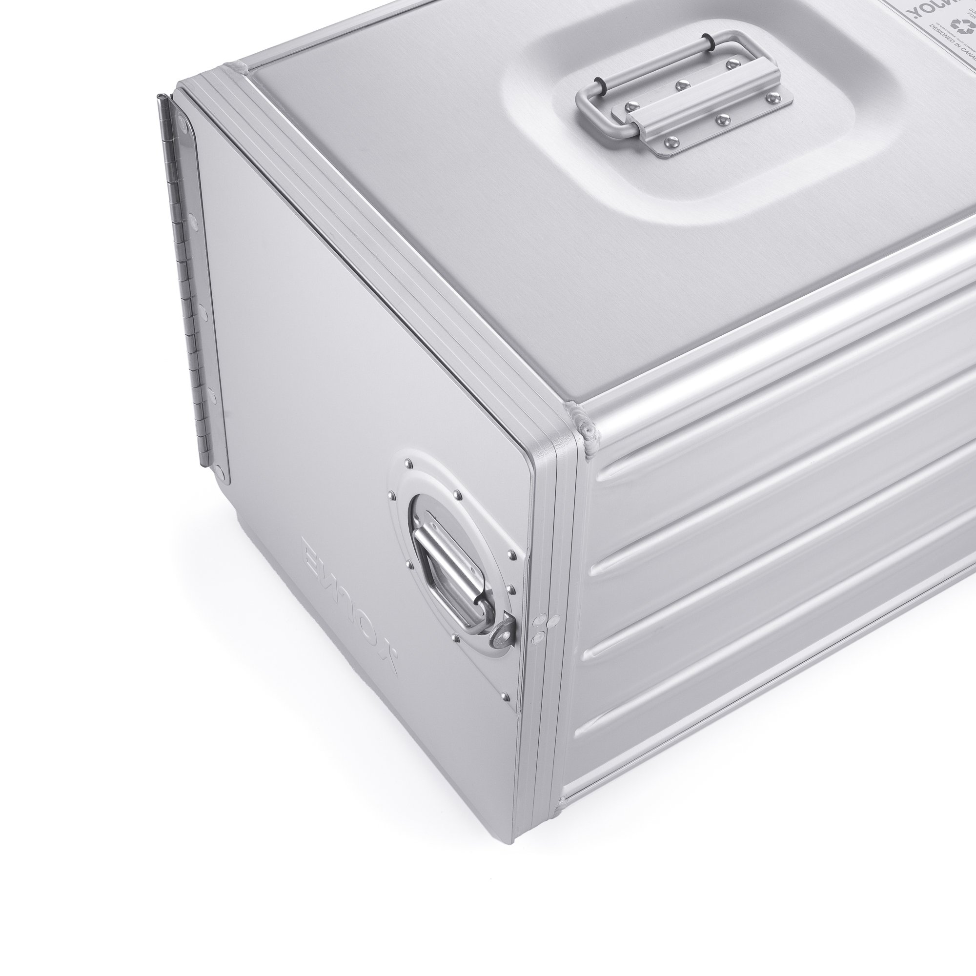 Silver hard-shell storage case with a handle and latches
