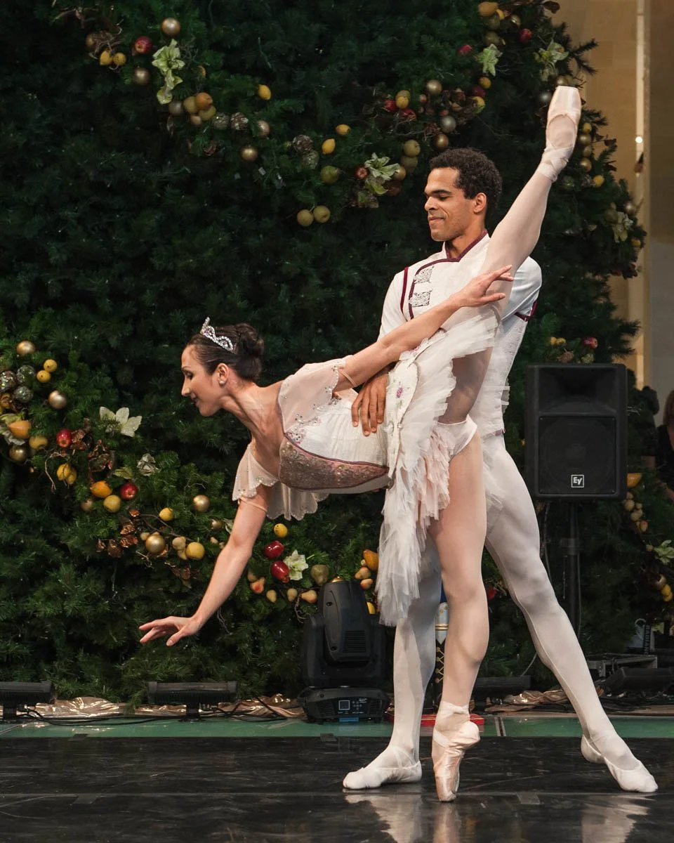 Ballet dancers performing on stage in front of a decorated Christmas tree, with the female dancer in pointe shoes and the male dancer supporting her in an extended pose.