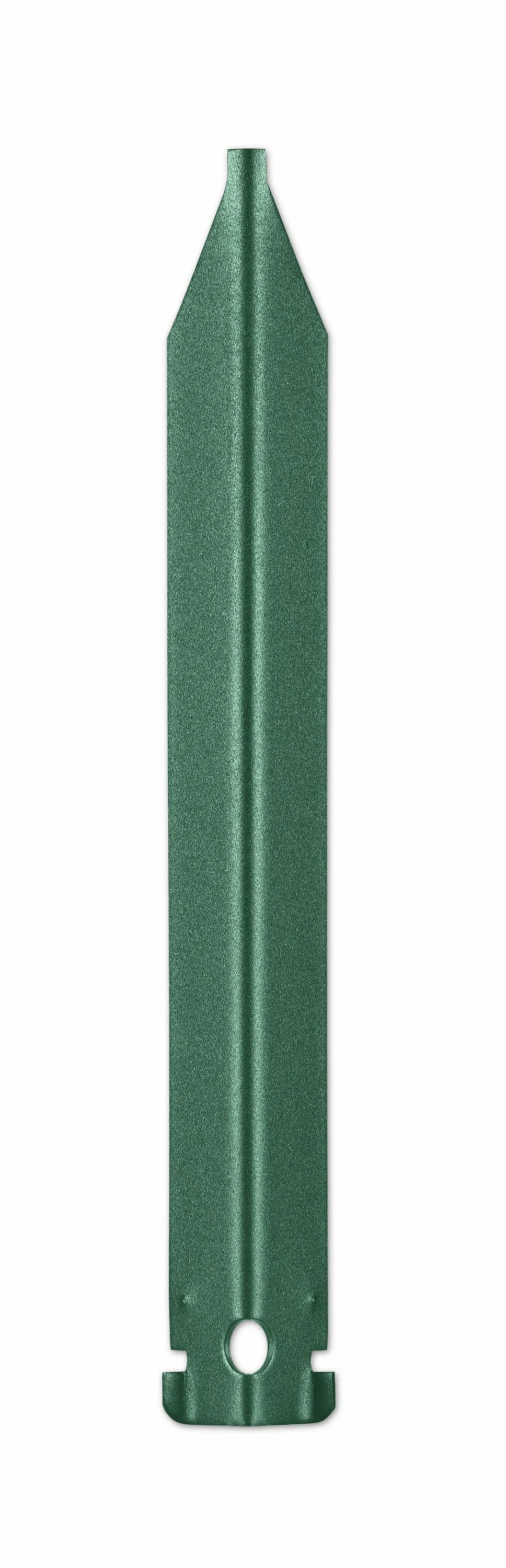 A green pencil-shaped object, possibly a plastic or metal tool or tag, with a hole at the bottom for attachment.
