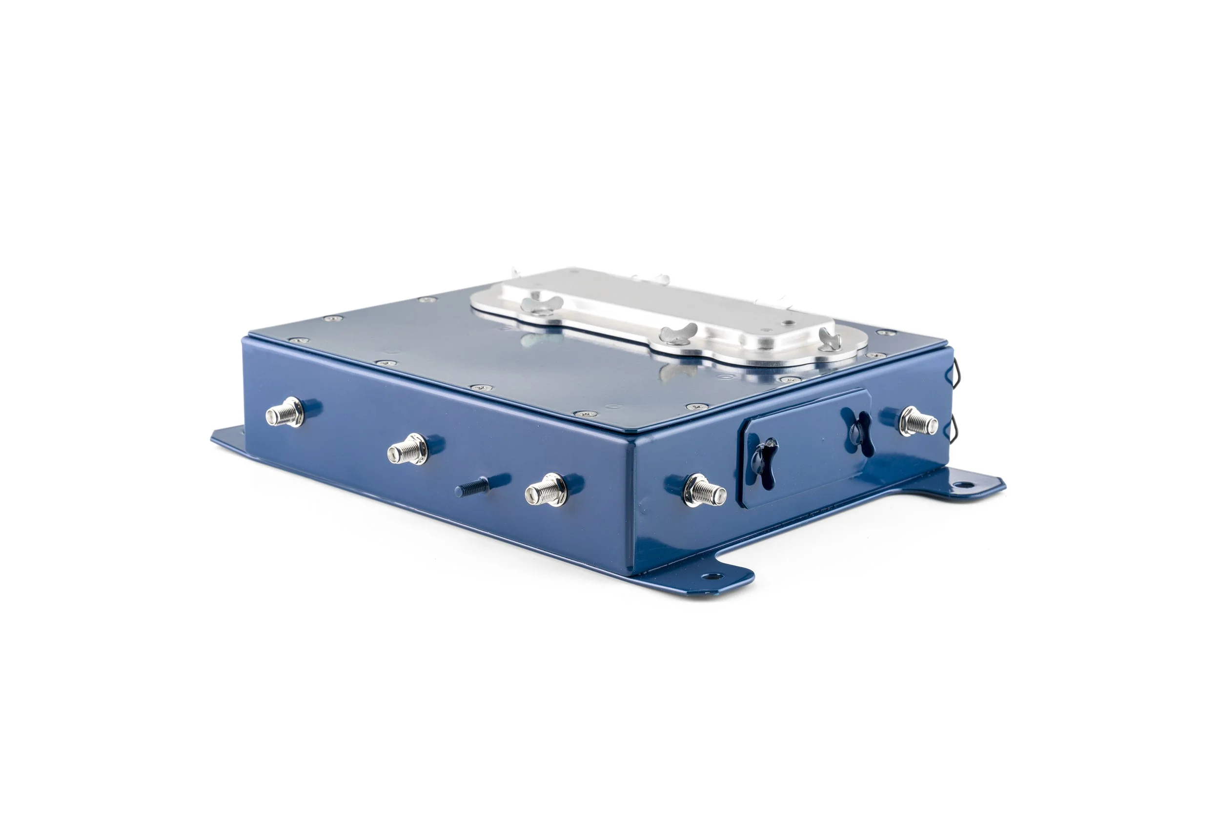 Blue metallic mechanical or electronic device with multiple screws and a white component on top, isolated on white background.