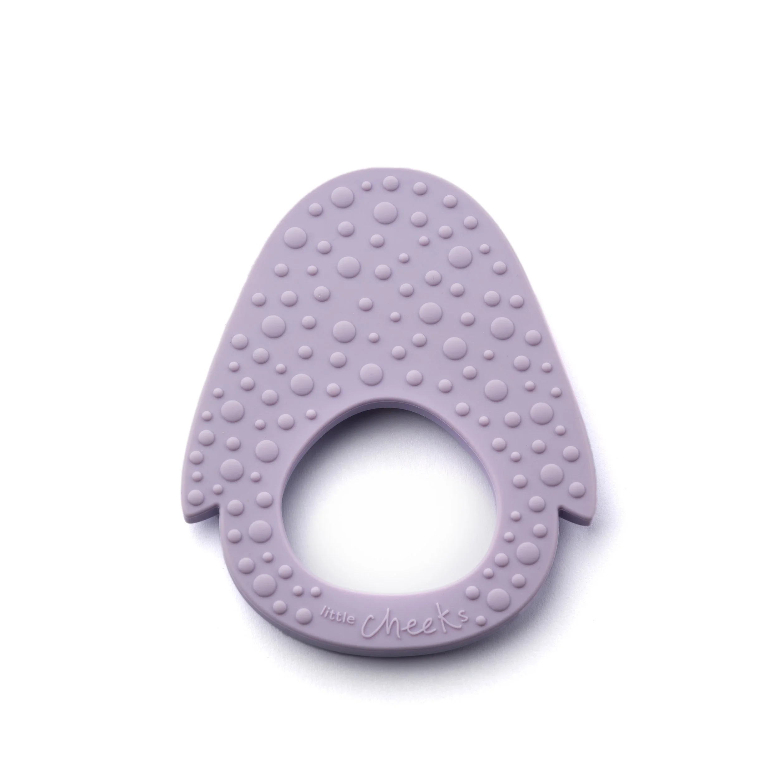 Lavender baby teething ring shaped like a rom bus with textured bumps, labeled "little Cheeks" at the bottom.