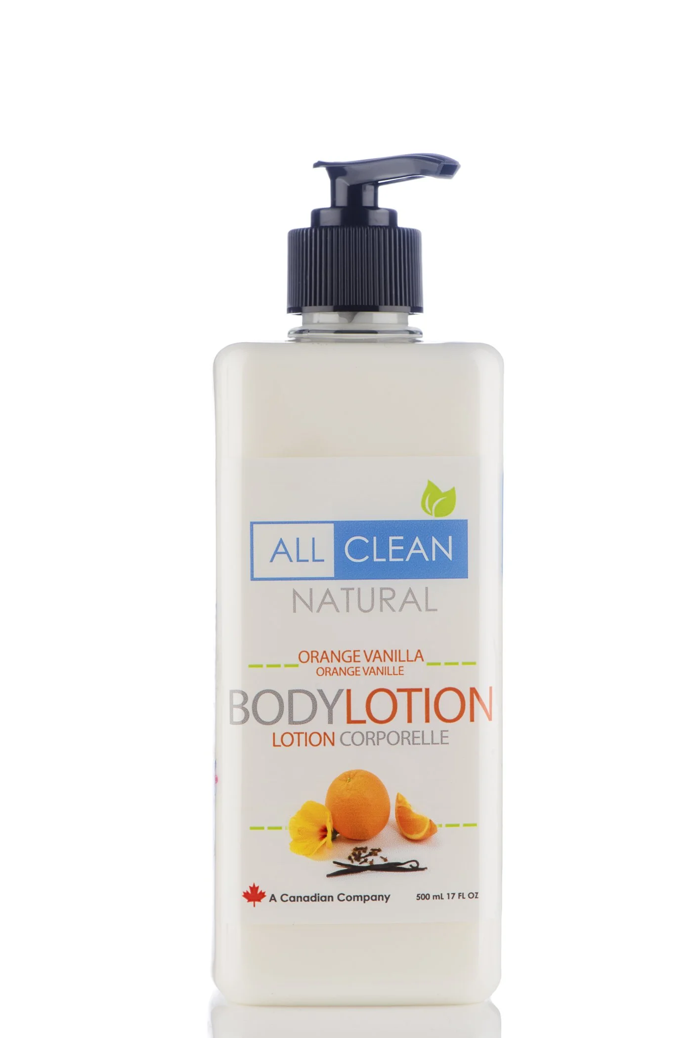 A bottle of All Clear Natural Orange Vanilla Body Lotion with a black pump dispenser, featuring images of an orange and vanilla flowers on the label.