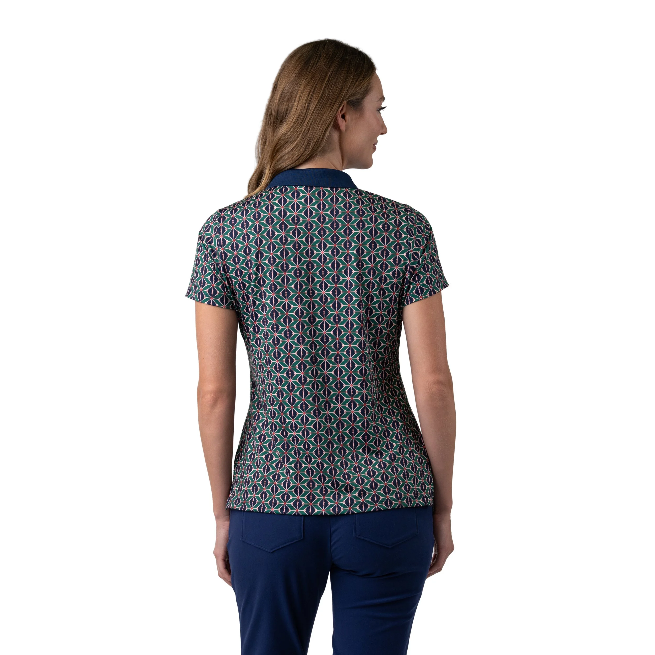 Back view of woman wearing a navy and geometric patterned short-sleeve top with a solid navy collar, and navy pants, against a white background.