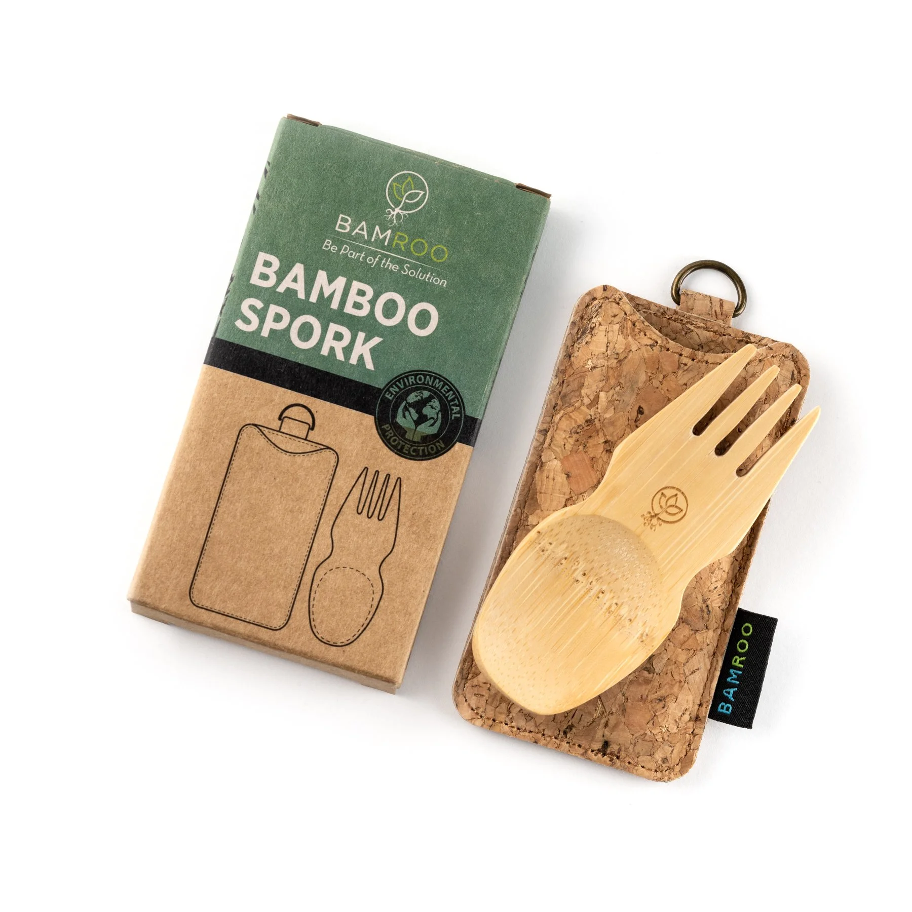Bamboo spork set including a fork, spoon, and carrying case along with eco-friendly packaging.