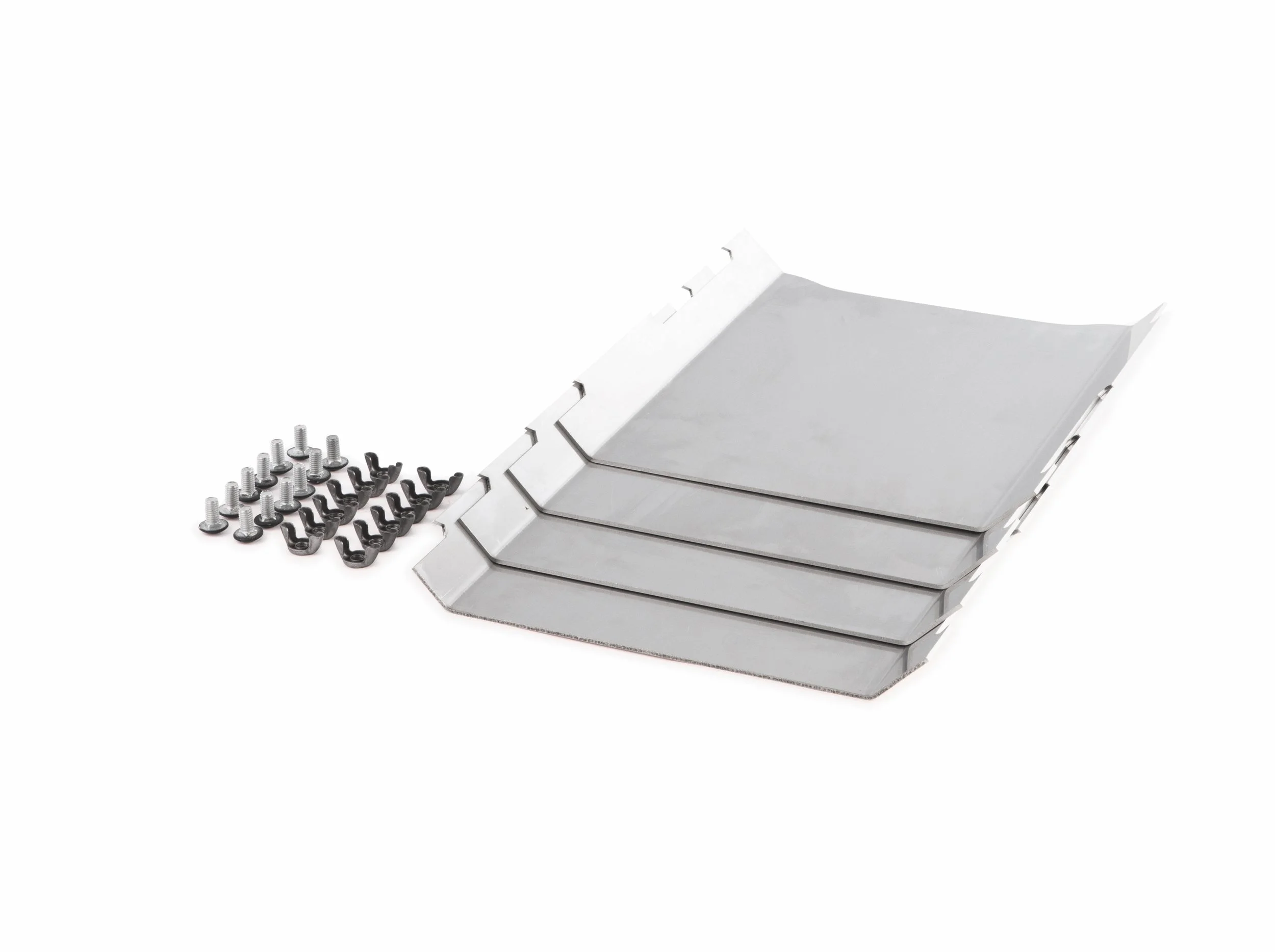 Four metal trays with raised edges, screws, and hooks on a white background.