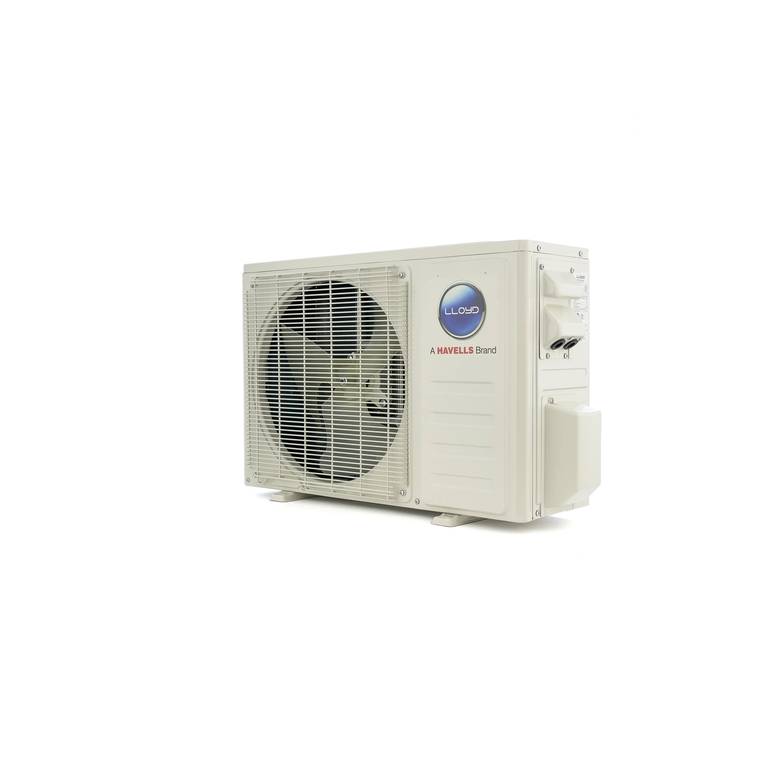 White Lloyd air conditioning unit with a large fan behind a protective grille, placed on a white background.