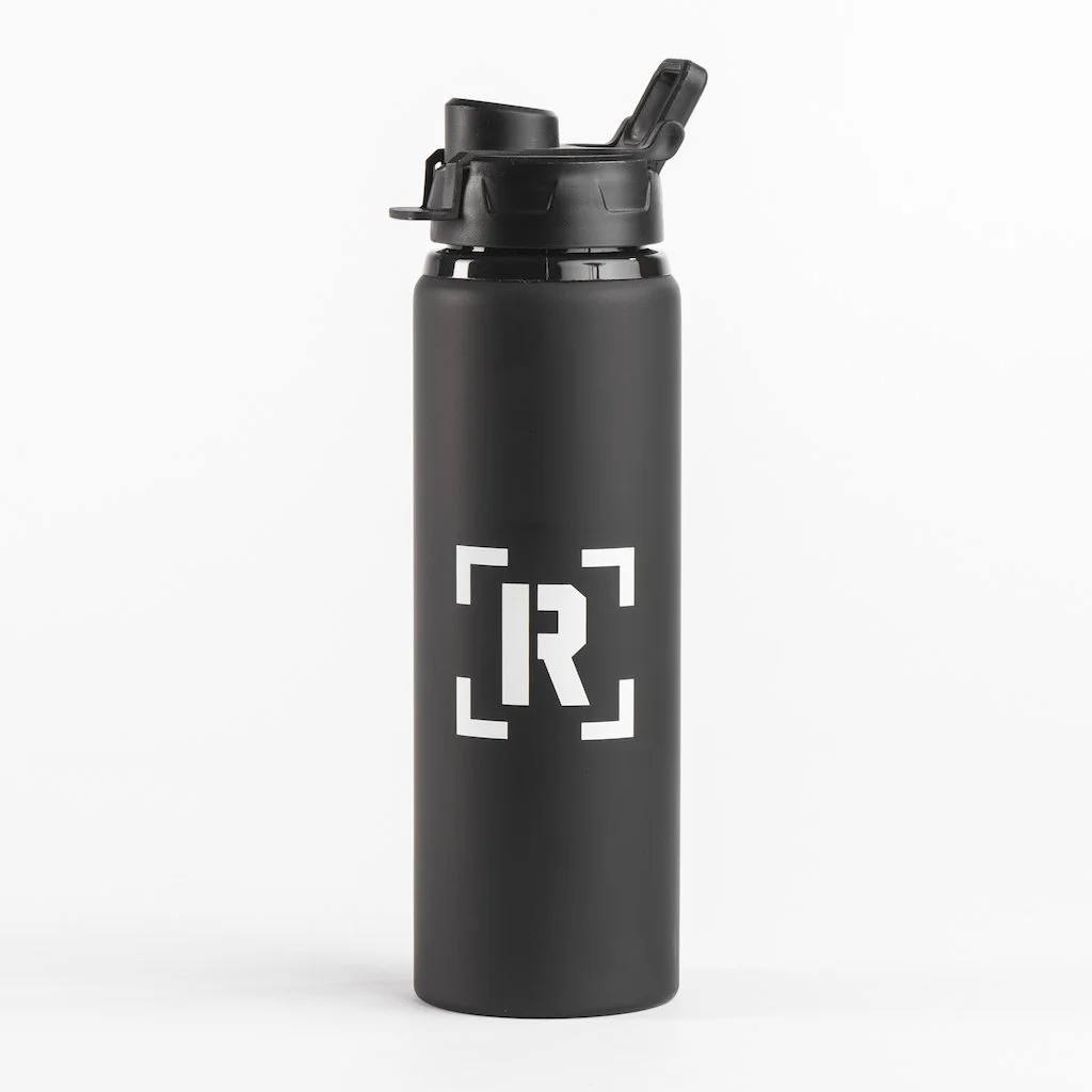 Black water bottle with a white 'R' logo and a flip-top lid against a white background.