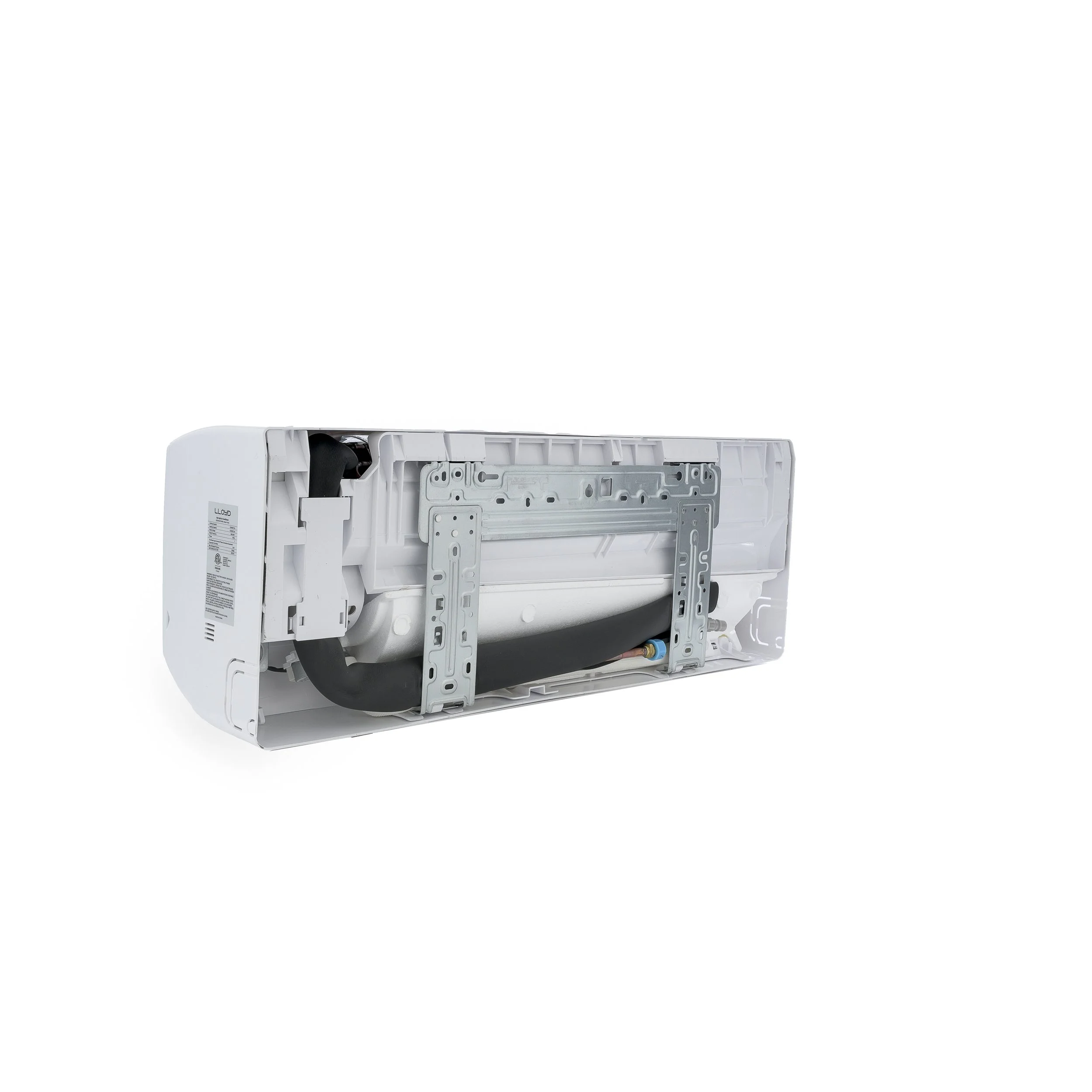 View of the inside of a wall-mounted air conditioner unit, exposing internal components and wiring.