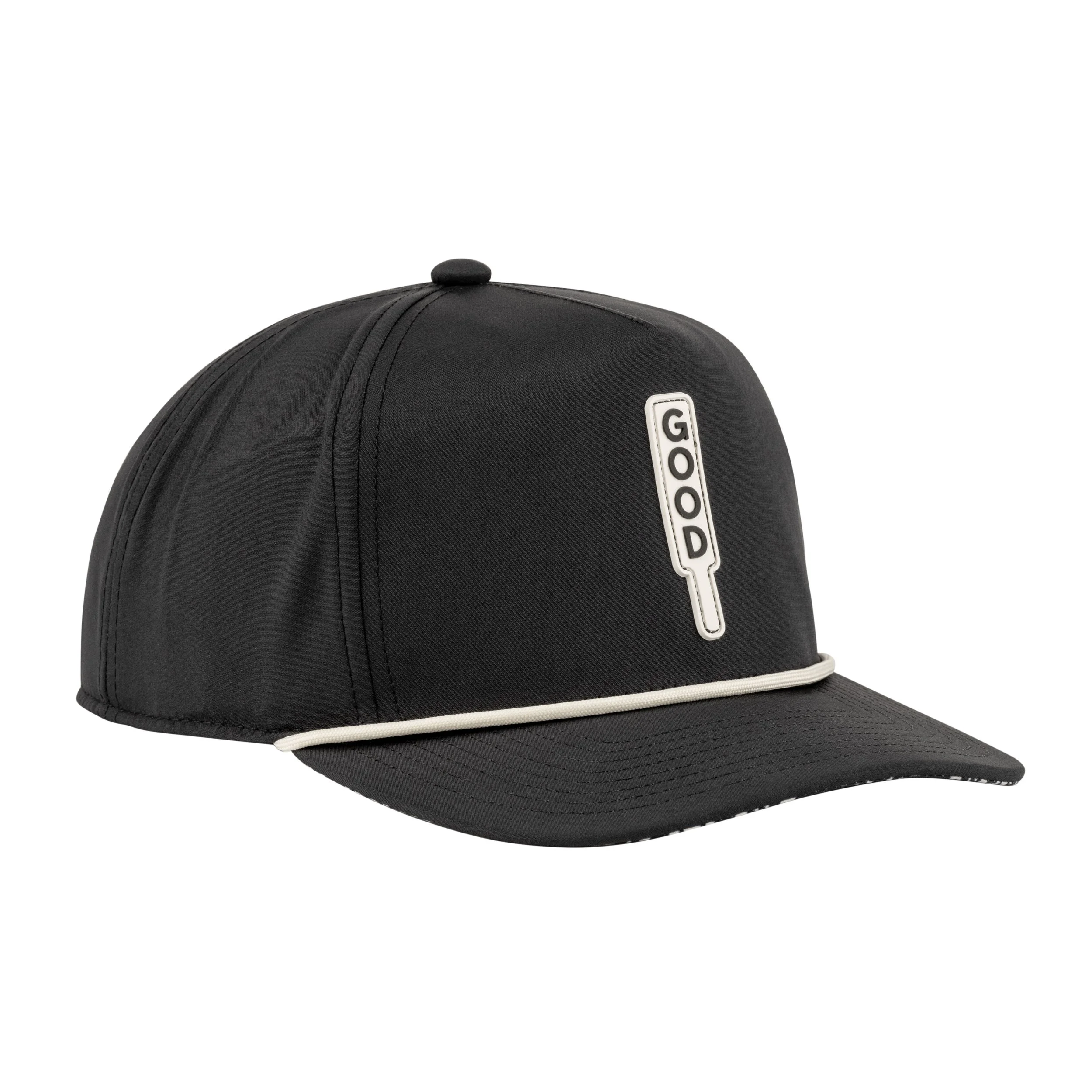 Black baseball cap with a white stripe on the brim and a white embroidered patch with the word 'GOOD' on the front.