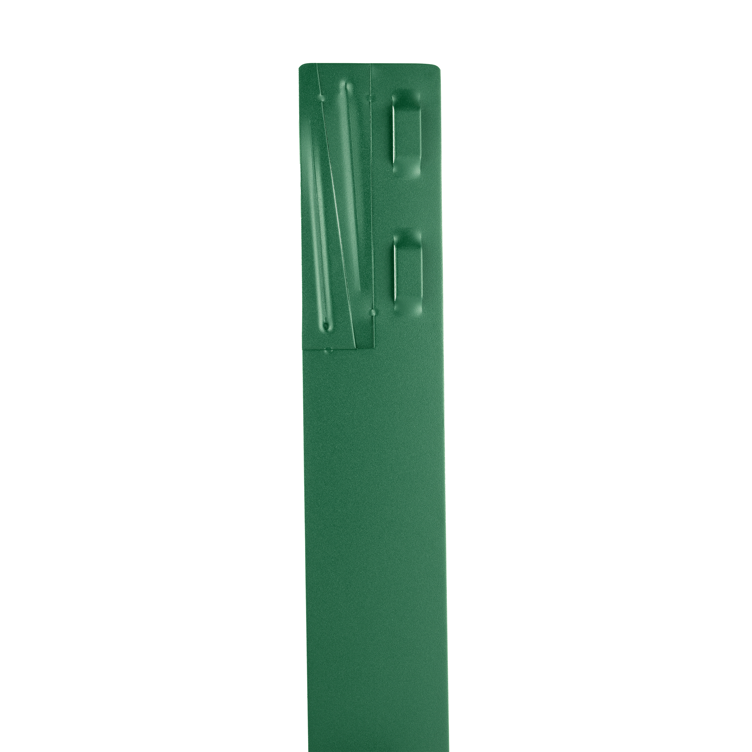 A green metal parking barrier with folding arms in an upright position.