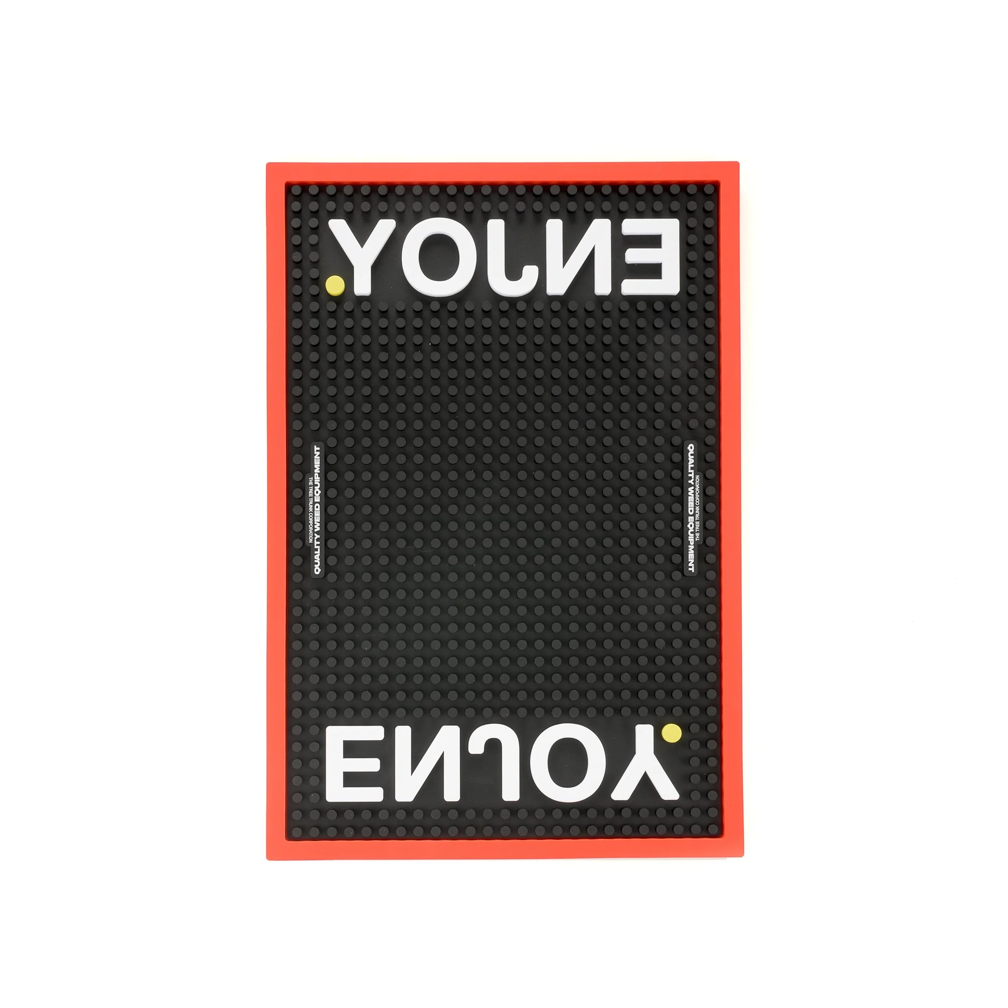 Black letter board with white letters spelling 'ENJOY' upside down and mirrored, with a red border on a white background.