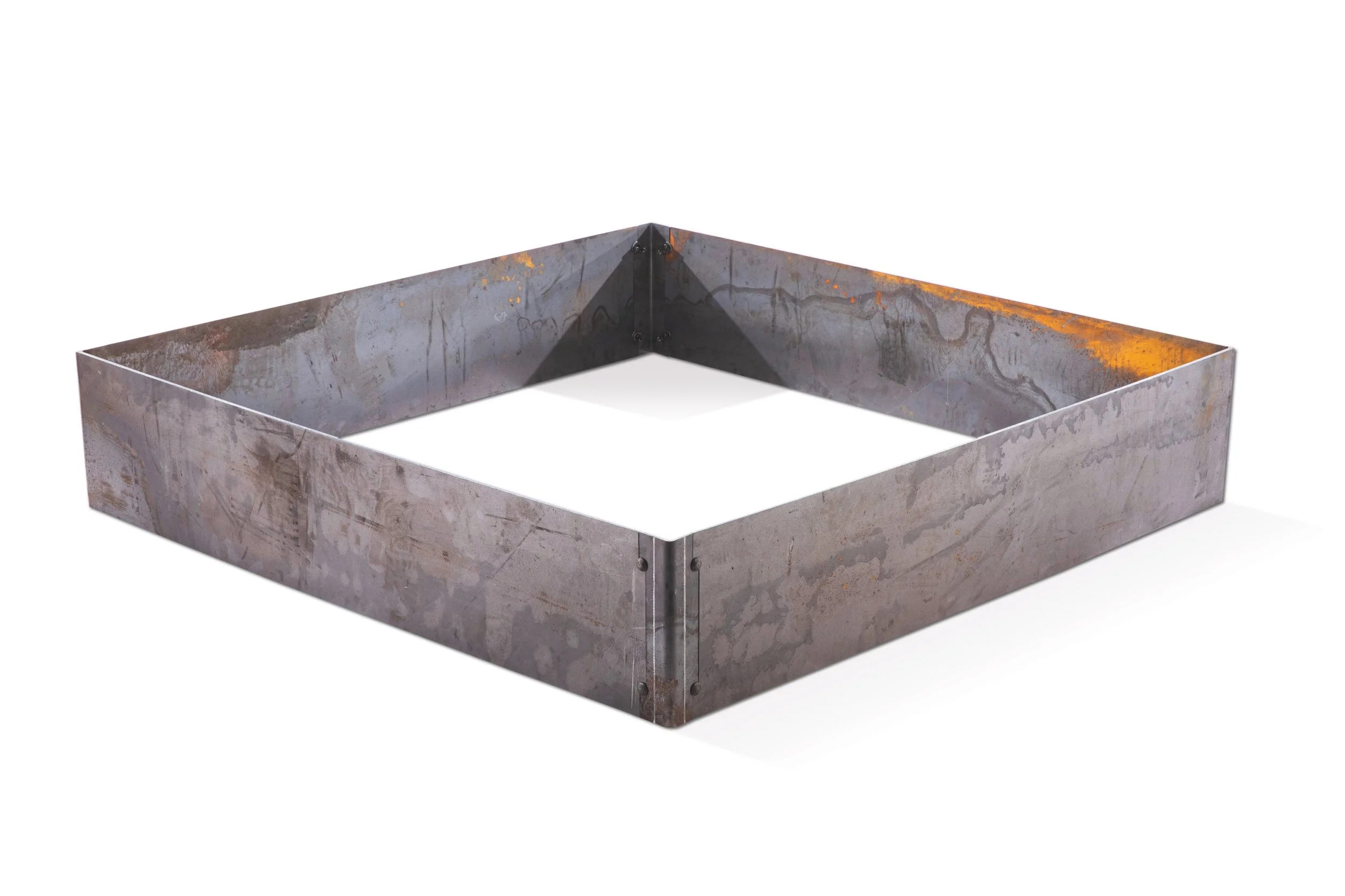 A rectangular metal baking pan with slightly high sides, showing signs of rust and oxidation.