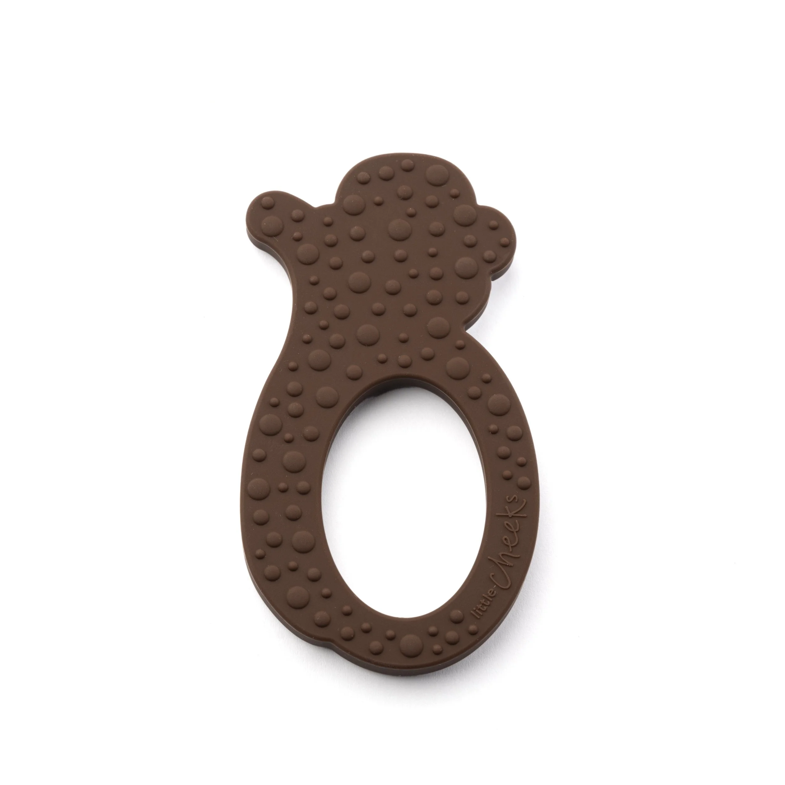 Chocolate teether shaped like a bear, with dotted texture, on a white background.
