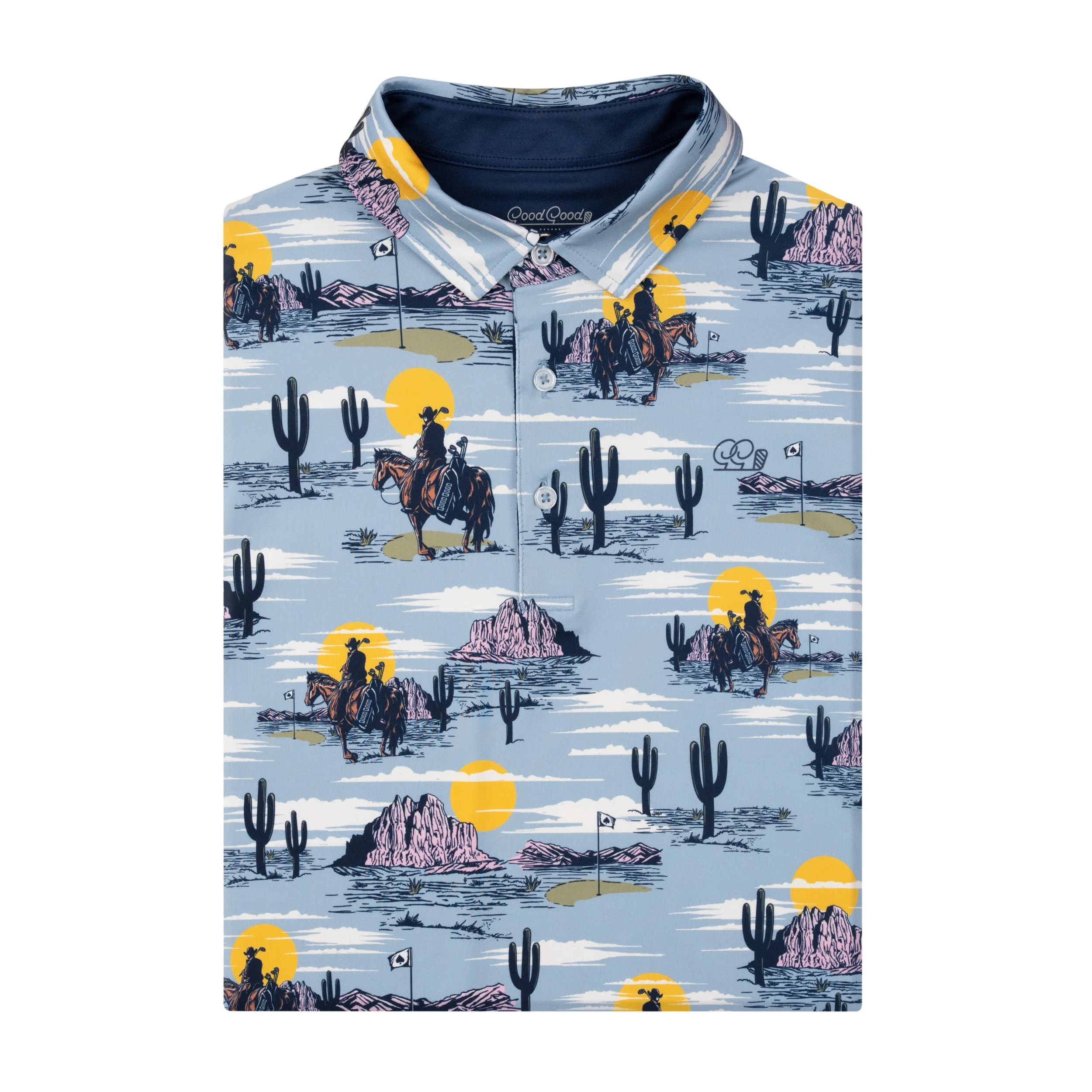 Light blue polo shirt with a Western desert scene pattern featuring cowboys on horseback, cacti, mountains, and yellow sun illustrations.