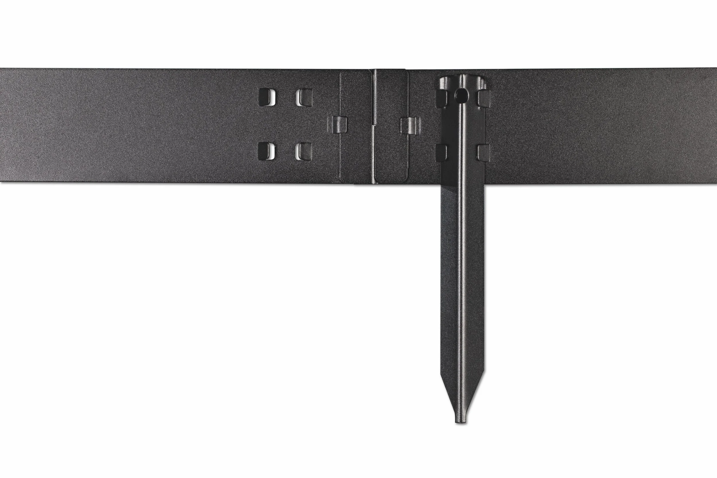 Close-up of a black adjustable metal stand or table leg with a pointed foot, against a white background.