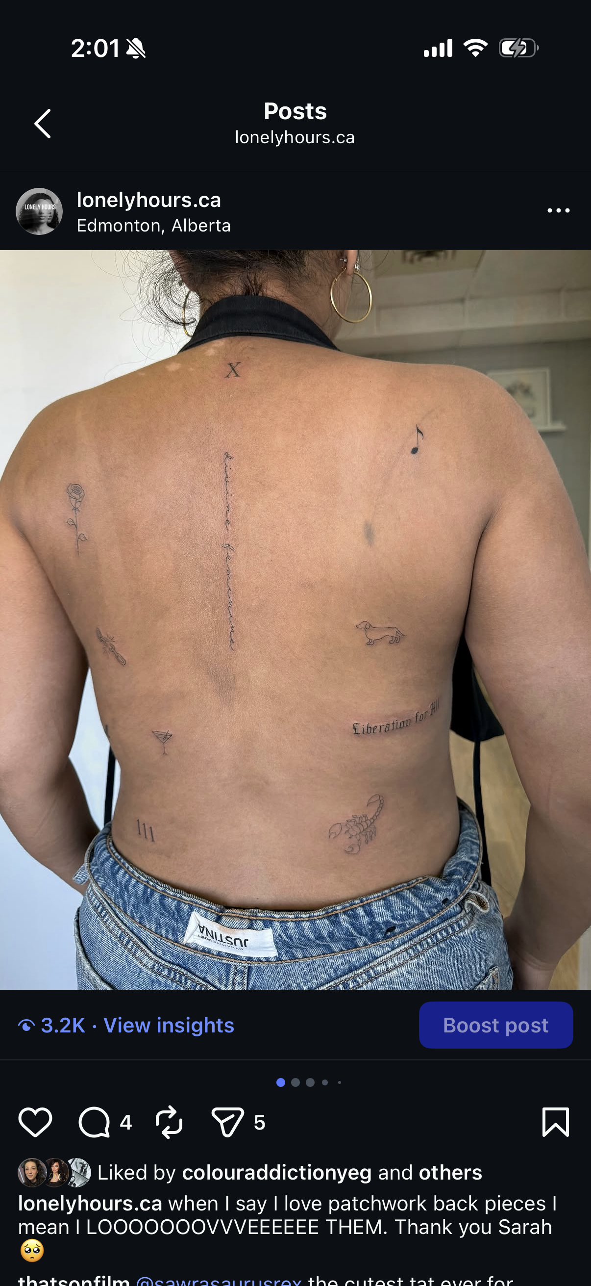 A person with multiple tattoos on their back, including a small rose, a quote, a mouse, a fish, a crawling lizard, a scorpion, and some symbols, wearing jeans.