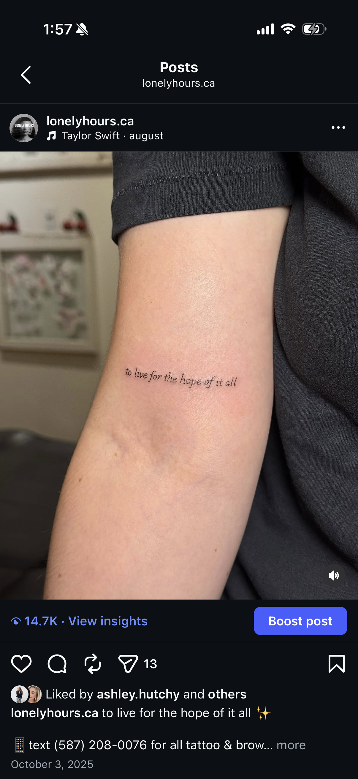 Tattoo on inner forearm with the text 'to live for the hope of it all' in small, cursive font.