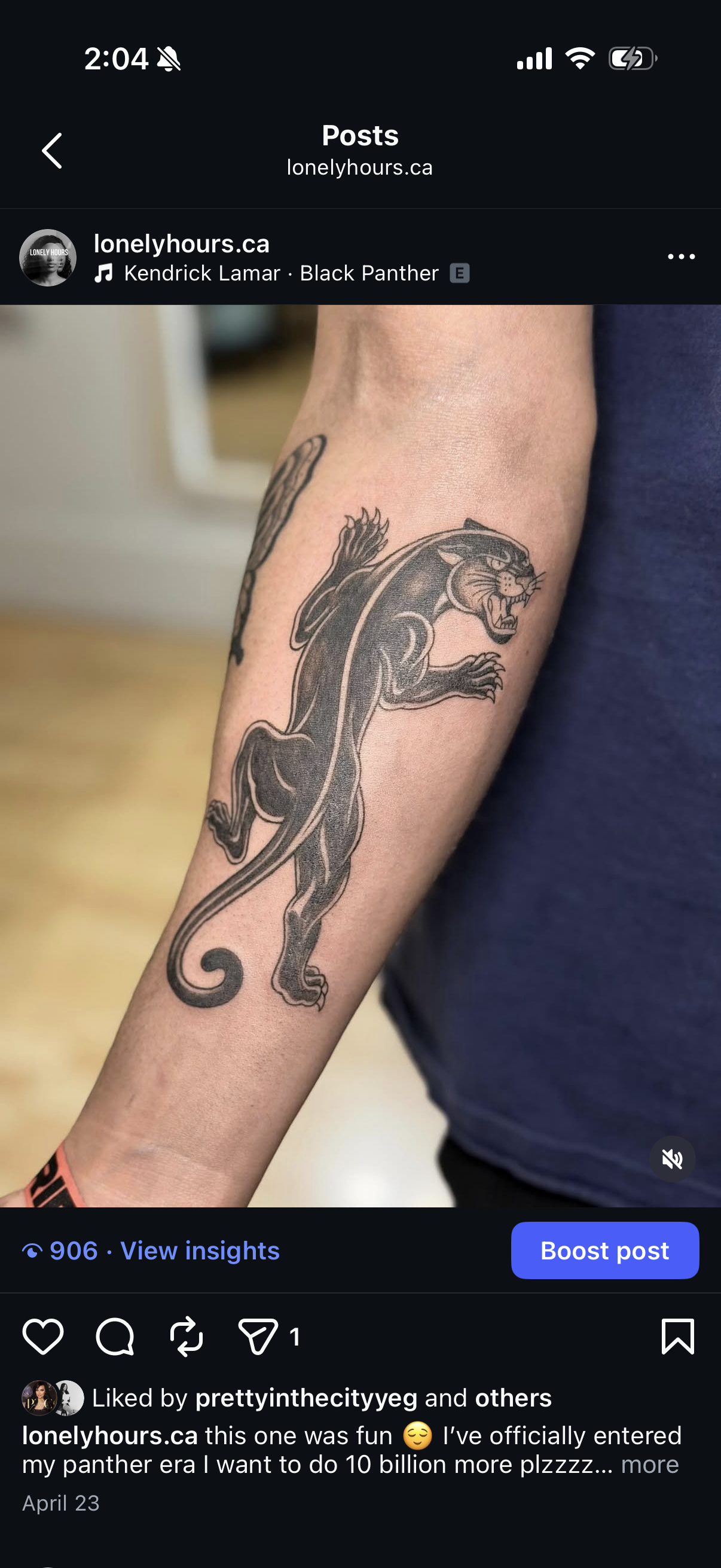 Tattoo of a black panther on a person's forearm, shown in a close-up image.