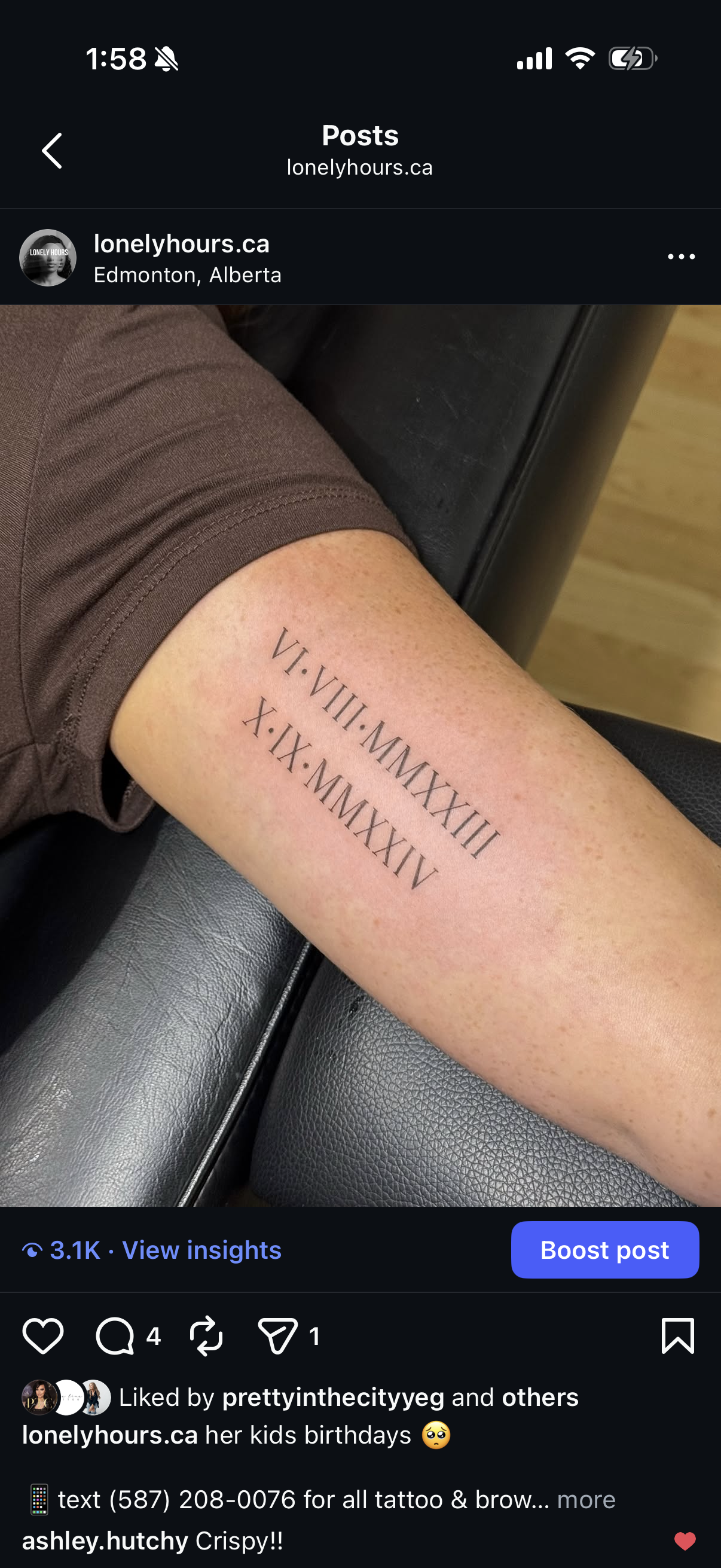 A person's forearm with a tattoo of Roman numerals, including VI.VIII.MMXXIII, X.XI.MMXXIV, and XII.XII.MMXXIV, resting on a black surface.