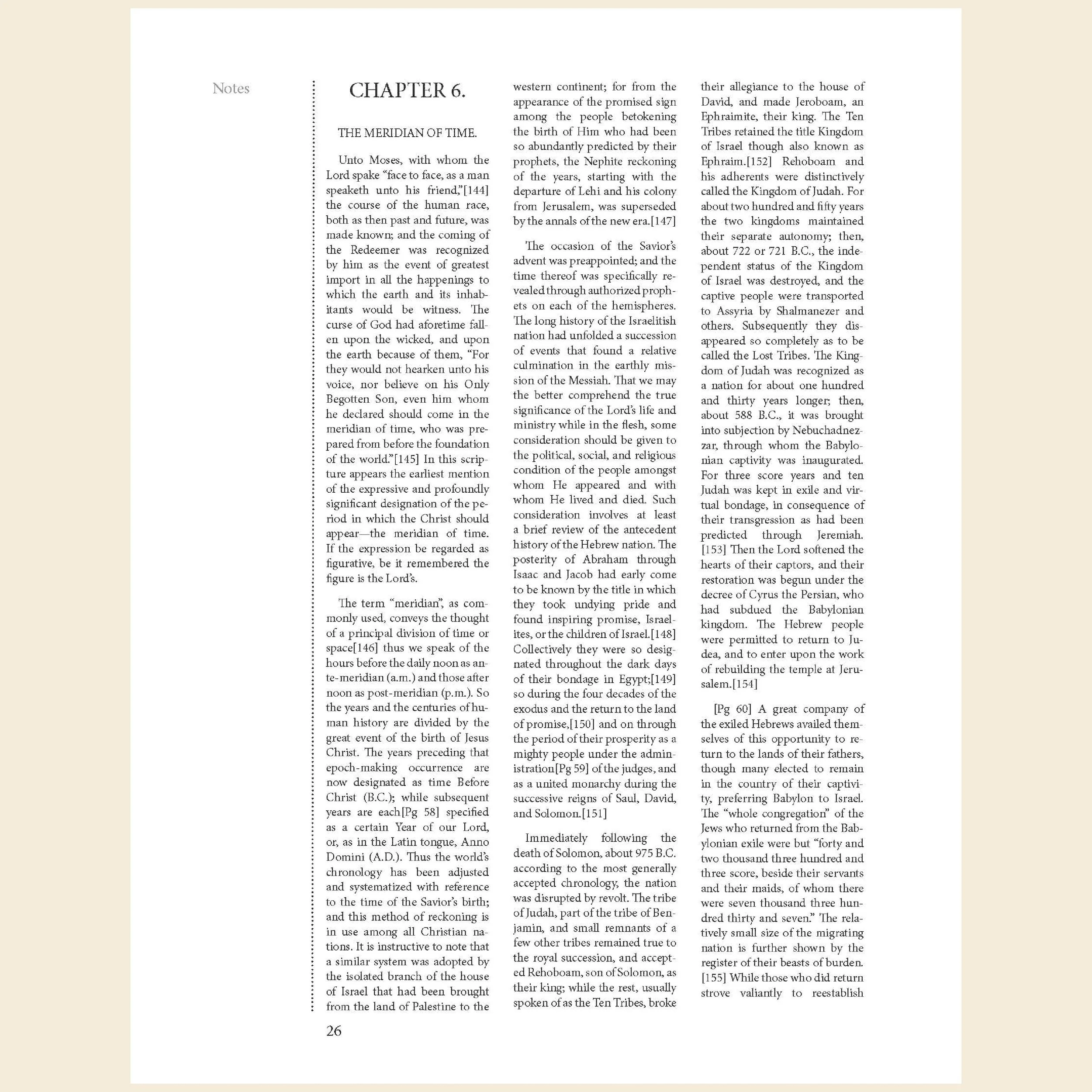 A scanned page from a book or document, specifically Chapter 6, titled 'The Meridian of Time,' discussing biblical and historical topics related to the history of Israel and the Hebrew nation.